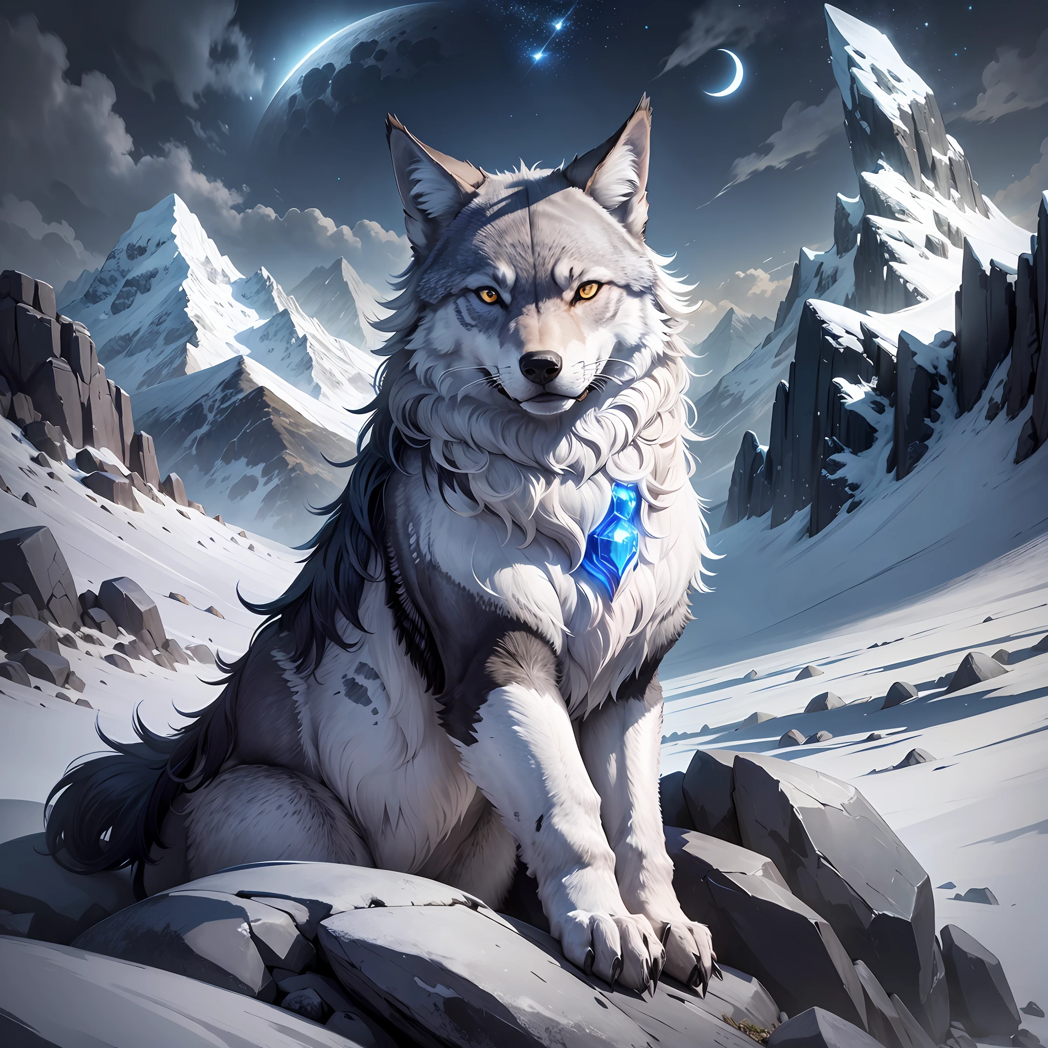 1 lone wolf, detail-oriented, blue eyes, calm expression, attentive, observant, sitting on a pile of rocks, mountain in the distance, silver moon background. Midnight. gray clouds, comet passing, howling at the comet --auto --s2
