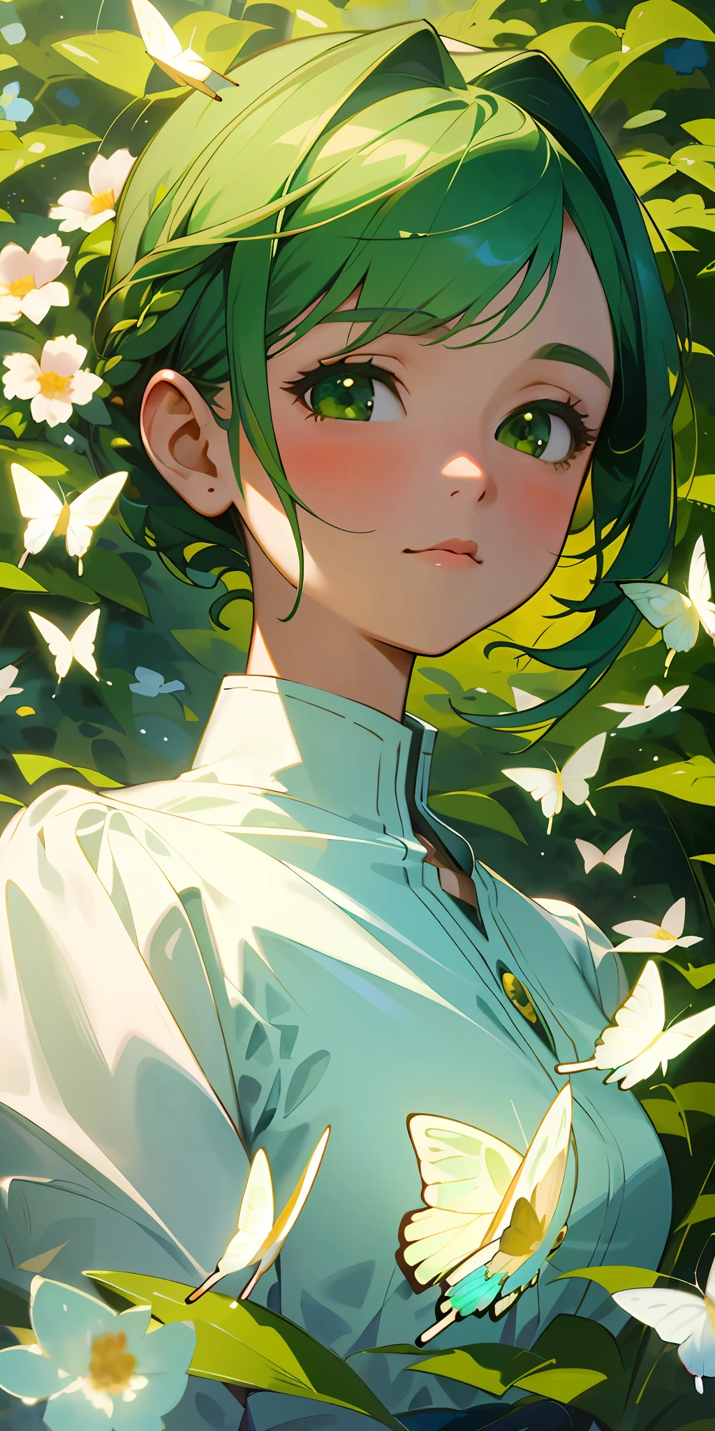 (Best quality, masterpiece, hyper-realism), 1 beautiful and delicate portrait of a girl with a soft and peaceful expression, background scenery with garden with flowers and butterflies flying around, green hair.