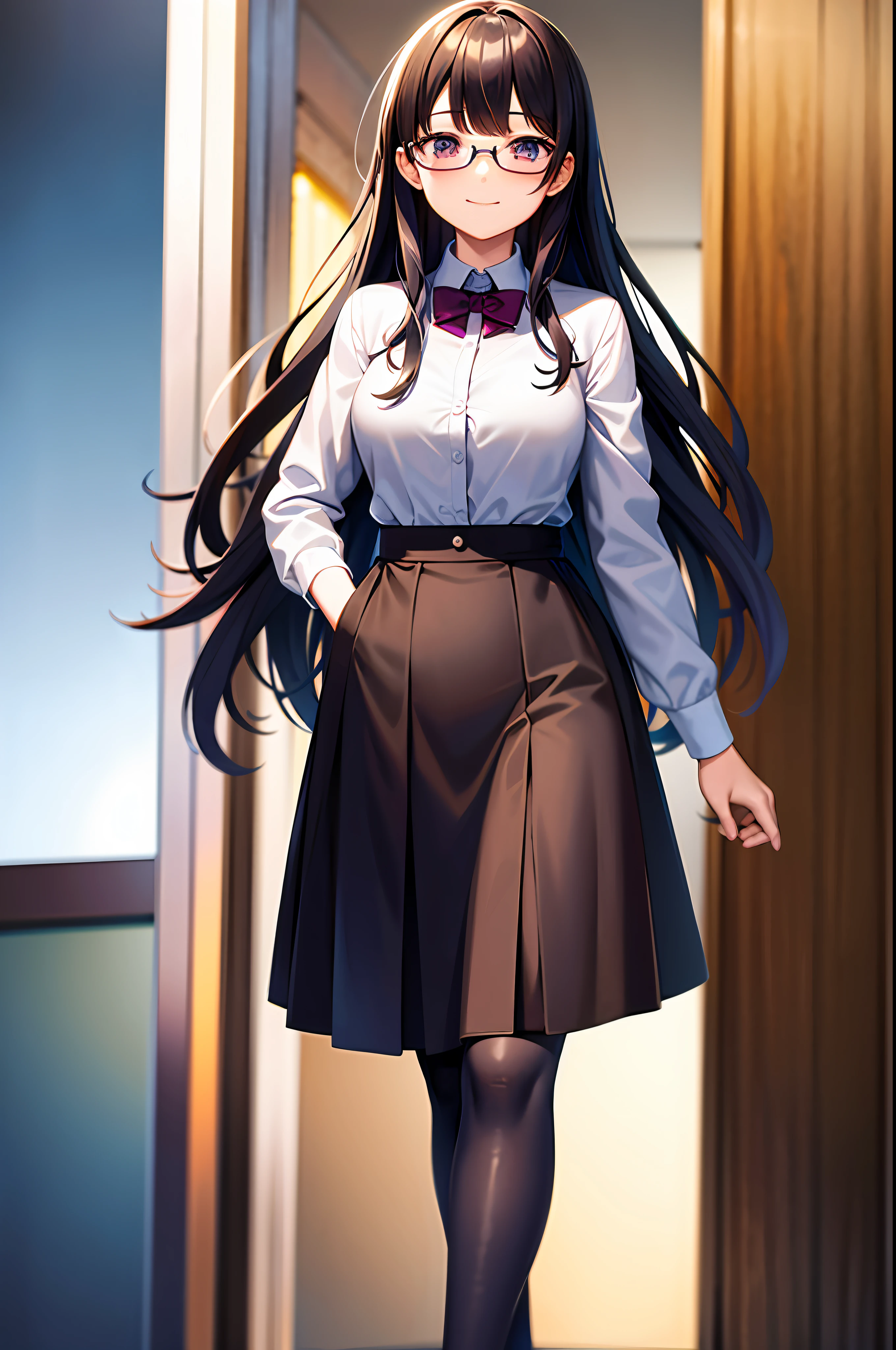 solo, amasawa akari, (Masterpiece:1.2, high quality), (pixiv:1.4), (1girl:1.2), (solo:1.2), medium_face, black long hair down to waist, blunt bangs, purple + long_eyes, smile, Light_face, medium breasts, jacket, formal shirt, long sweater, black long skirt, standing, standing straight, (full body), (blurry background), pharmacy, glasses, retail