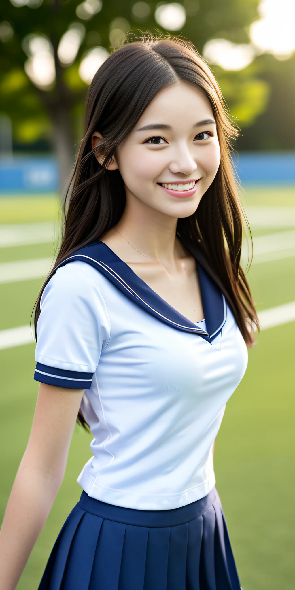 neat college girl, petite, (school uniform, summer clothes, short sleeves), outside the athletic field, (slim), photorealistic, detail, skin texture, ultra detail, delicate and sexy collarbone, smile, super detailed face, detailed lips, detailed eyes, breast emphasis