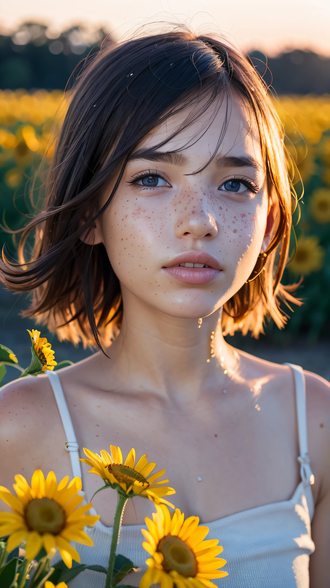 beautiful realistic girl with freckles and skindetails in flower field during golden hour, skin with beautiful nostalgic mood and freckles with emotive face with wet skin and petals falling