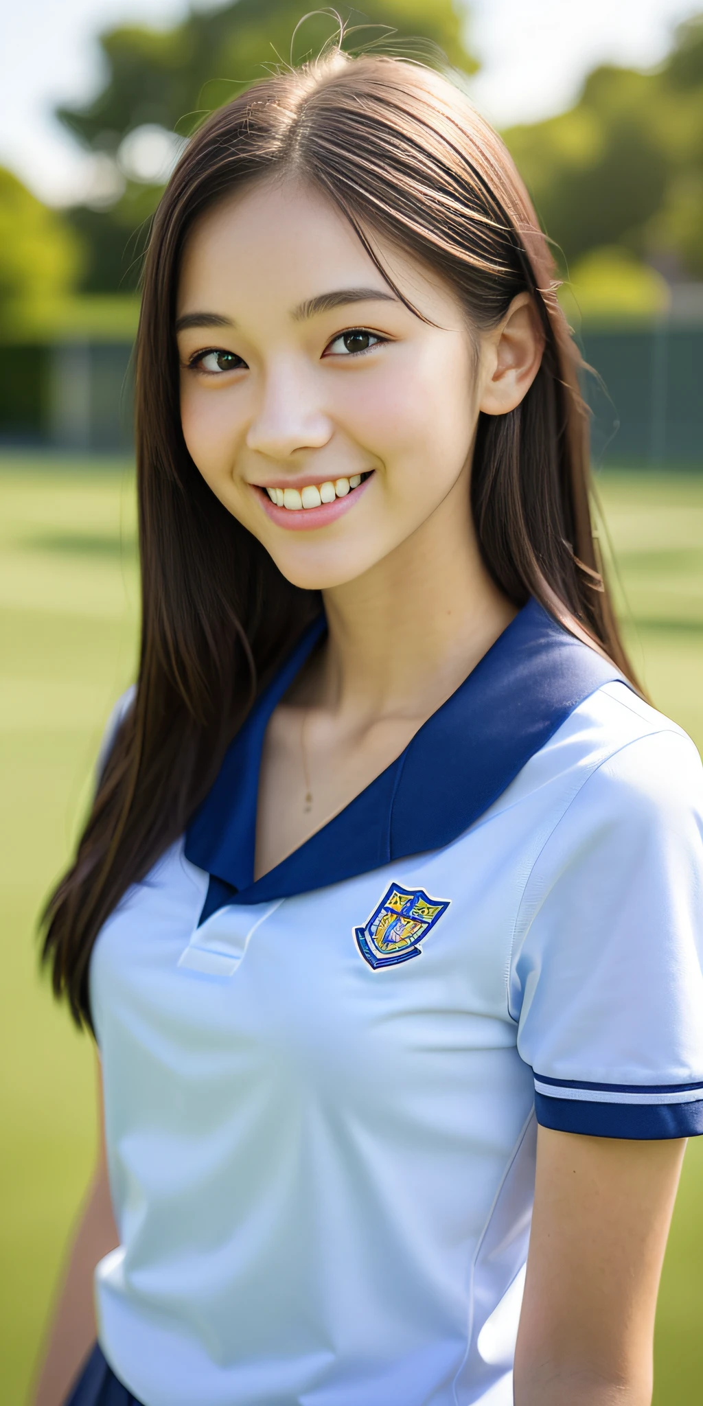 neat college girl, ite, (school uniform, summer clothes, short sleeves), outside the athletic field, (slim), photorealistic, detail, skin texture, ultra detail, delicate and sexy collarbone, smile, super detailed face, detailed lips, detailed eyes, breast emphasis