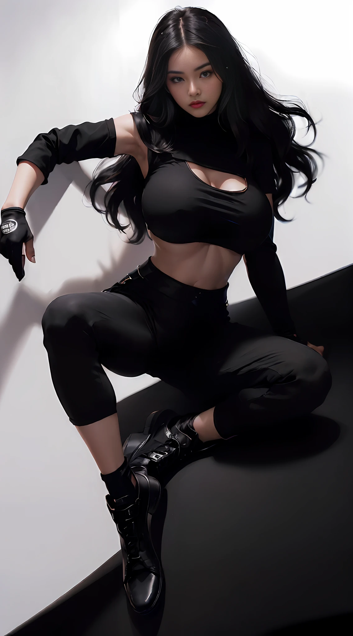 (Best Quality, 8k, 32k, Masterpiece, UHD:1.3), (Photo of Attractive IRELIA from League of Legends), 1 Girl, ((Big Boobs:1.4)), (long wavy hair), Abs, Perfect Body, Ultra Detailed Face, Detailed Lips, Fine Eyes, double eyelids,, ((, beautiful asian girl, gorgeous chinese model, jaw-dropping beauty,((black training pants )),((black grafik t-shirt crop top )),((black Arm Sleeves),((all black shoes)) ,simple white background.