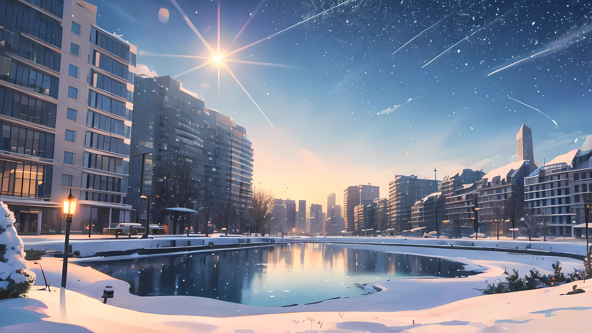 Scenery , City , Snowing , Winter Season , Sky , Day , shooting stars in the sky , Sun , Breeze