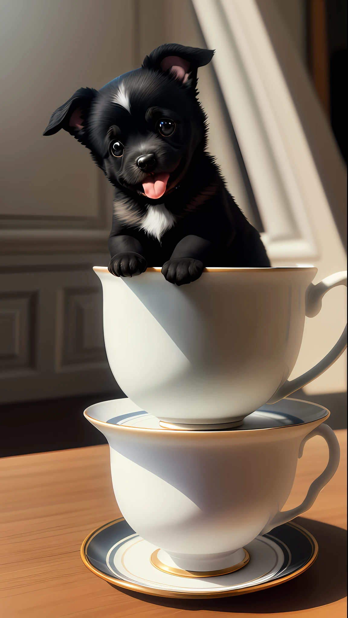 Black puppy, (small)))), face outward, sticking out of tongue sticking out of front paws out of teacup, 8k, professional photo, delicate, clear, on the table, in the house, sunlight, light leakage, masterpiece, (((((pretty)))