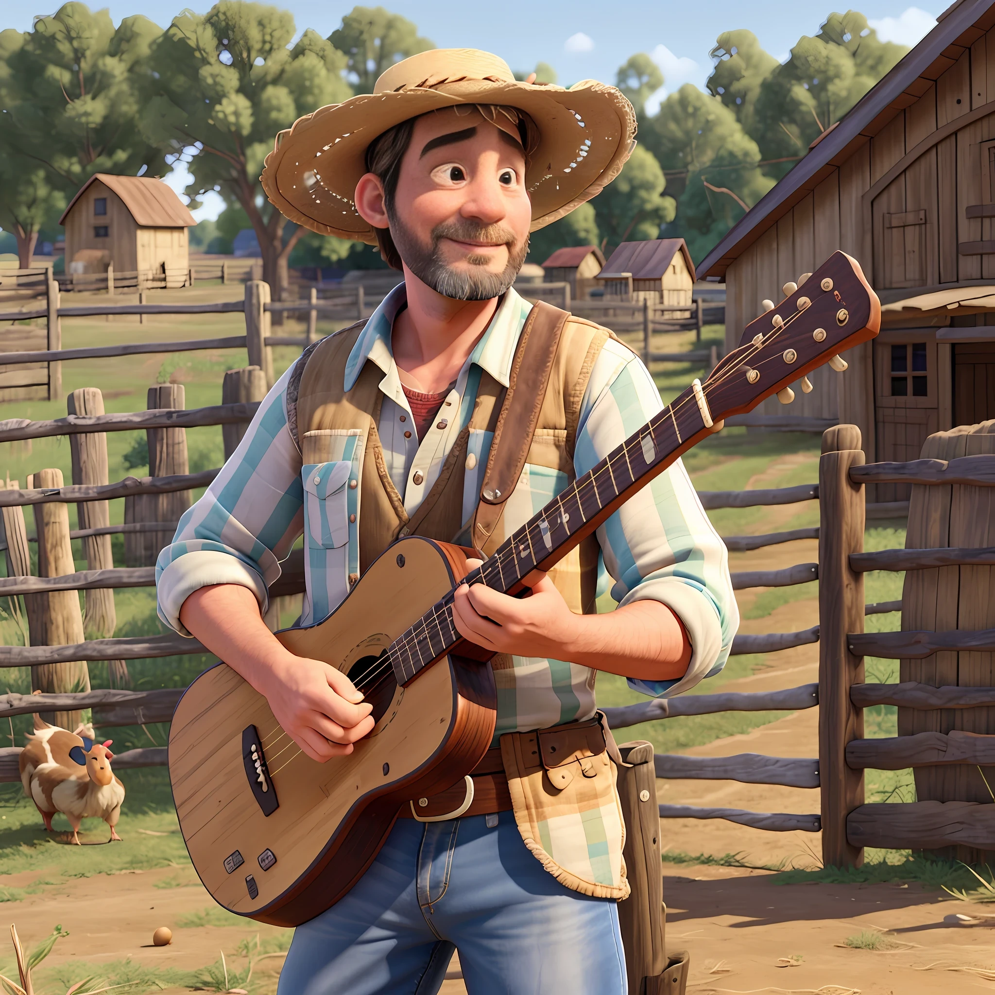 a country man, 40 years old, in shabby clothes, straw hat, leaning against a barnyard gate, playing a country guitar. cows and chickens in the background. super hyper detailed, 8k uhd, 3D render, modern Disney Pixar style.