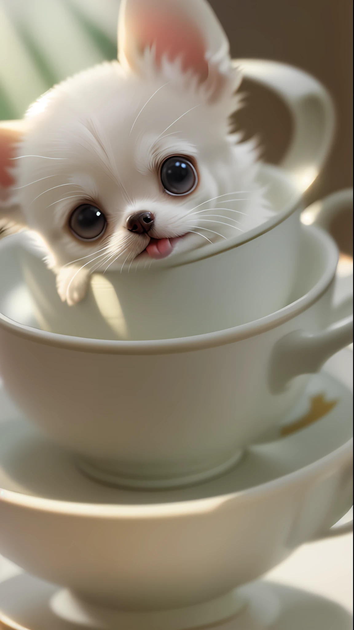 Long coat Chihuahua of white-cream color, (small)))), in a teacup, face out, tongue-sticking out front paws sticking out of teacup, 8k, professional photo, delicate, clear, on the table, in the house, sunshine, light leak, masterpiece, ((((pretty)))
