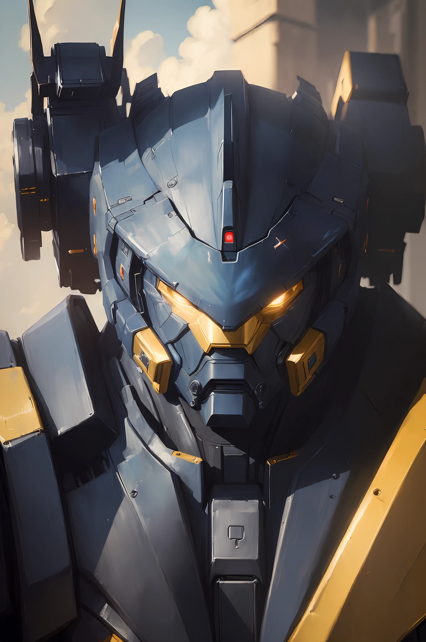 ((masterpiece:1.5)),((best quality)),((high detail1.0)),((realistic)), high quality shadow, high detail, cinematic light, side lighting, sharp focus, (Mecha giant:1.3), (black and dark blue:1.2),