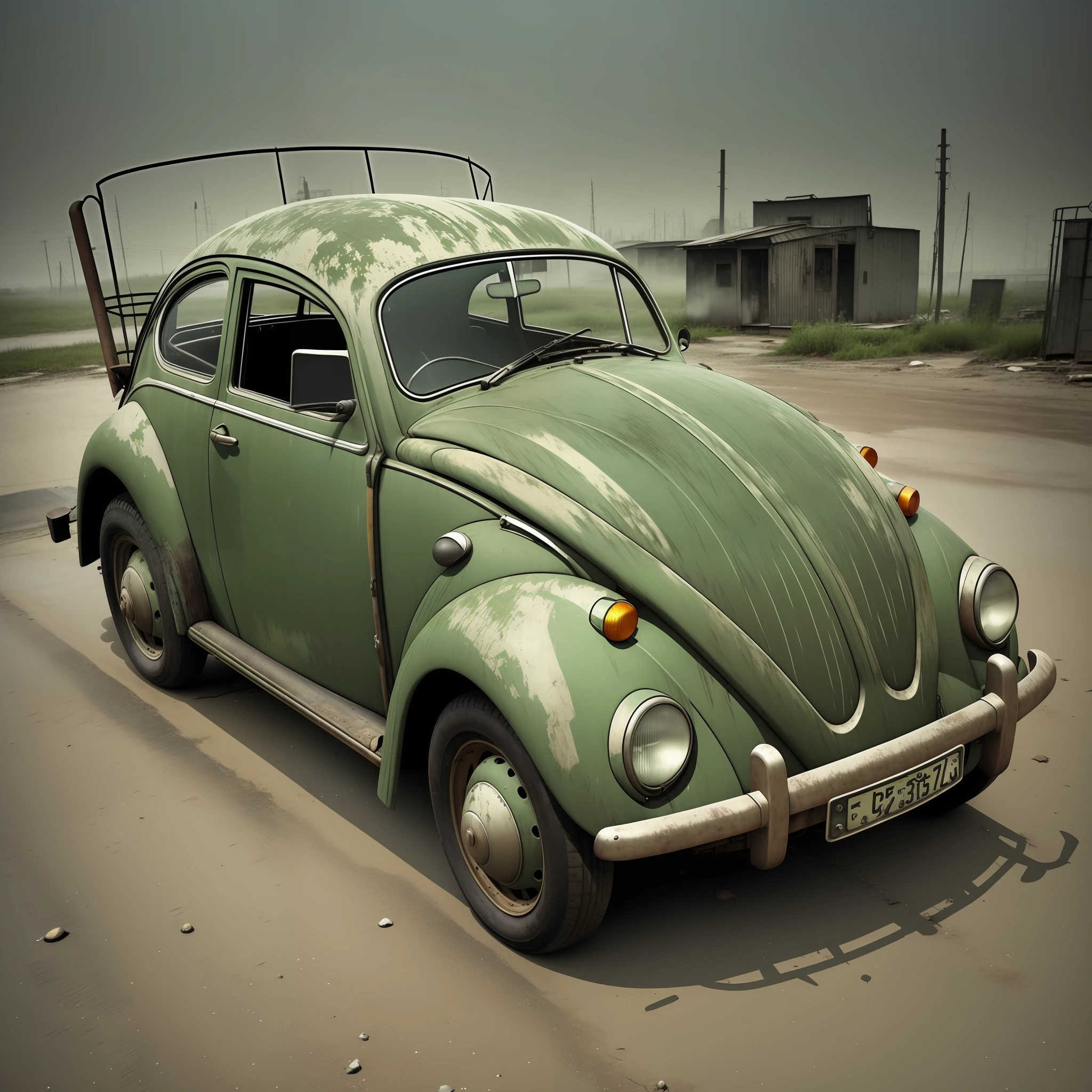 Old Beetle, rusty, rusty color predominant, Backgroud gray, radioactive contamination, atomic bomb, end of the world, greenish fog