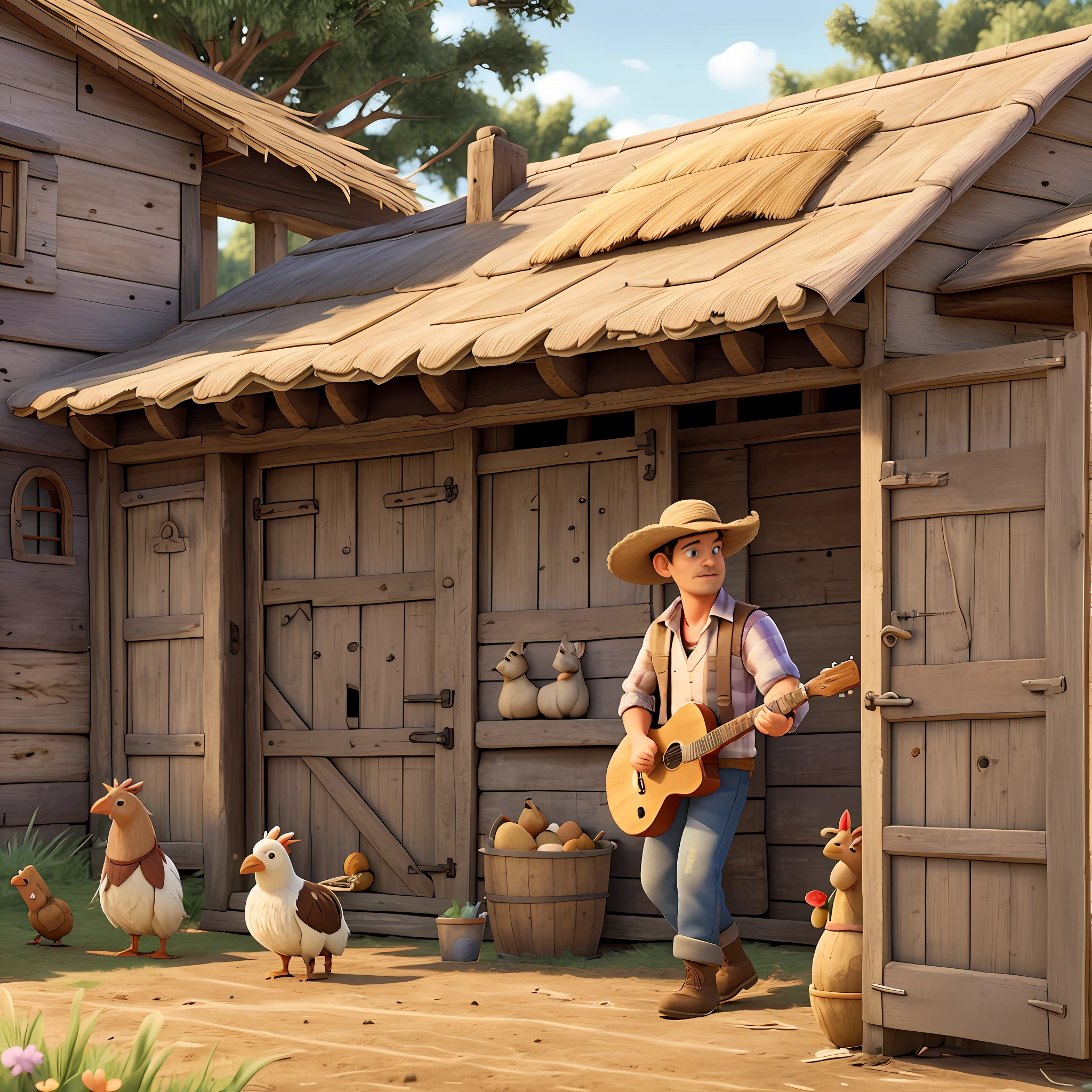 a country man, 40 years old, in shabby clothes, straw hat, leaning against a barnyard gate, playing a country guitar. cows and chickens in the background. super hyper detailed, 8k uhd, 3D render, modern Disney Pixar style.