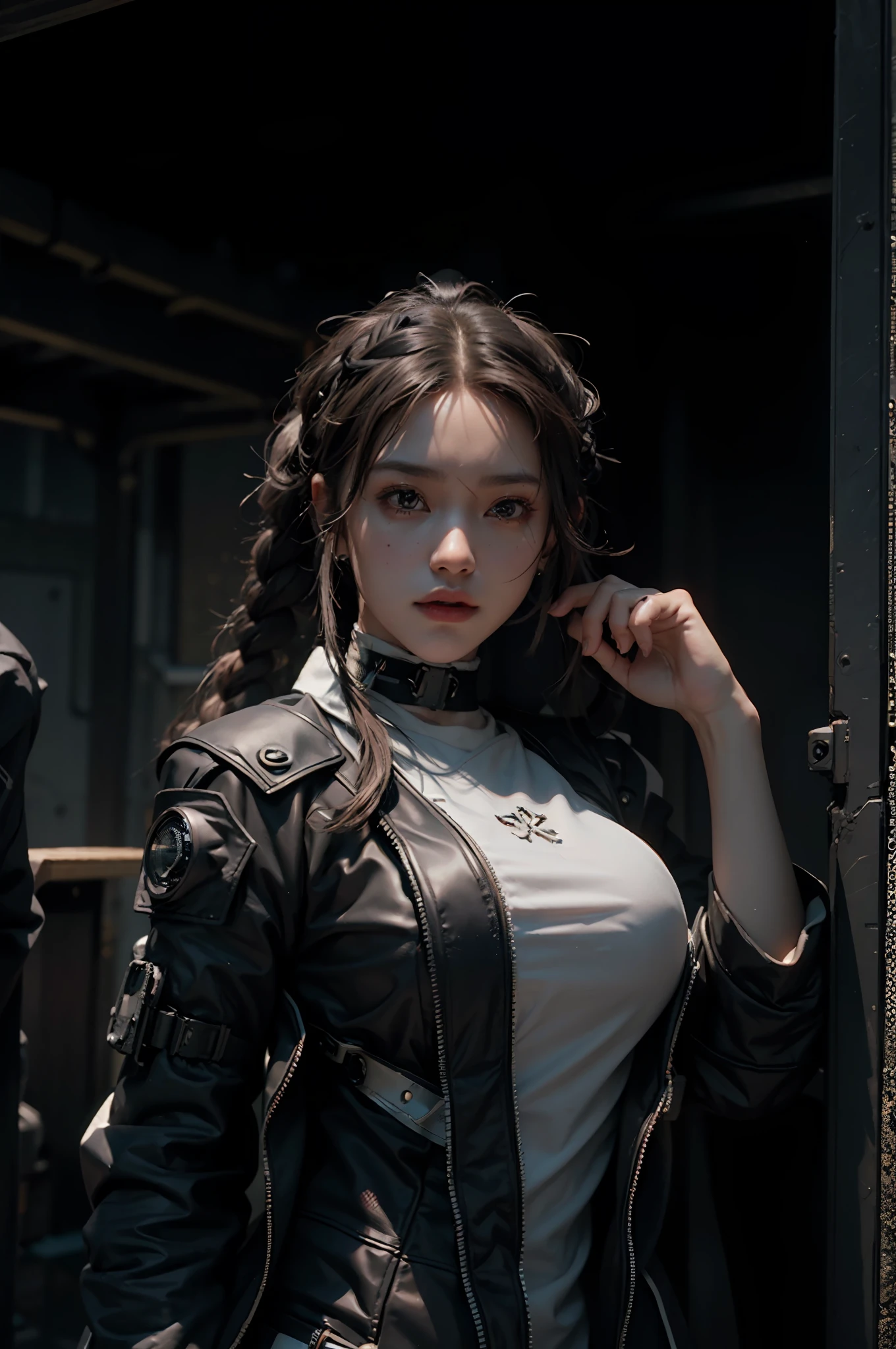 ((Best quality)), ((masterpiece)), (detailed:1.4), 3D, an image of a beautiful cyberpunk black female with braids on head,HDR (High Dynamic Range),Ray Tracing,NVIDIA RTX,Super-Resolution,Unreal 5,Subsurface scattering,PBR Texturing,Post-processing,Anisotropic Filtering,Depth-of-field,Maximum clarity and sharpness,Multi-layered textures,Albedo and Specular maps,Surface shading,Accurate simulation of light-material interaction,Perfect proportions,Octane Render,Two-tone lighting,Wide aperture,Low ISO,White balance,Rule of thirds,8K RAW, anime - style woman in a white and black outfit with a gun, cyborg merchant girl,