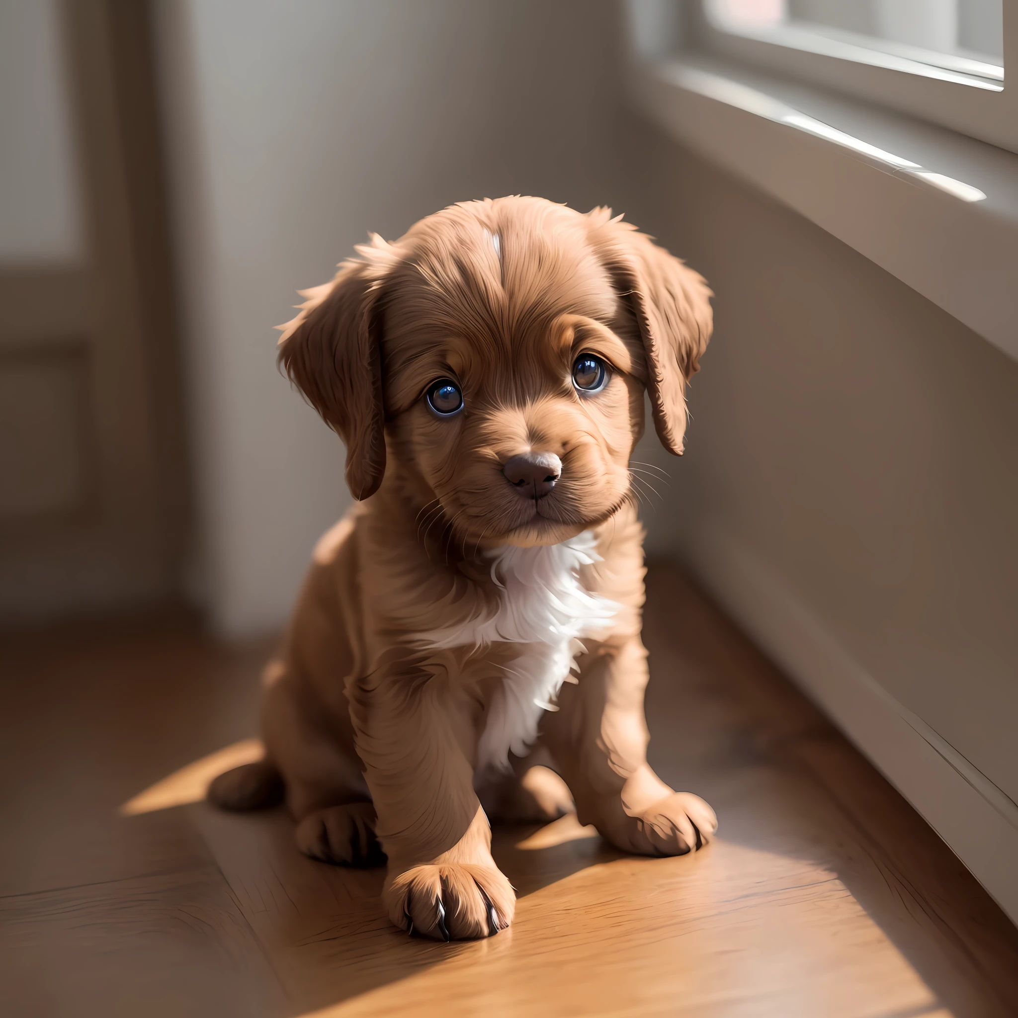 Brown little puppy, (small)))), face outward, 8k, professional photo, delicate, clear, on the table, in the house, sunlight, light leakage, masterpiece, (((((pretty))) --auto --s2