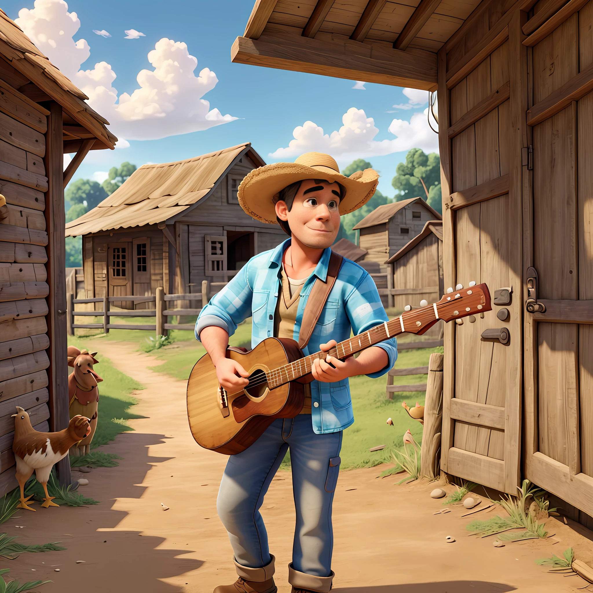 a country man, 40 years old, in shabby clothes, straw hat, leaning against a barnyard gate, playing a country guitar. cows and chickens in the background. super hyper detailed, 8k uhd, 3D render, modern Disney Pixar style.