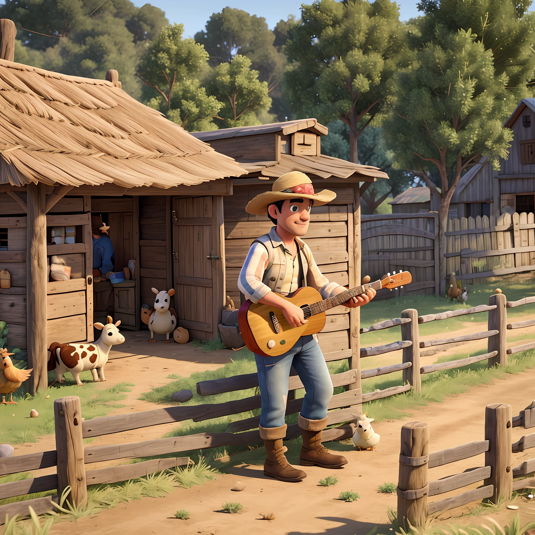 a country man, 40 years old, in shabby clothes, straw hat, leaning against a barnyard gate, playing a country guitar. cows and chickens in the background. super hyper detailed, 8k uhd, 3D render, modern Disney Pixar style.