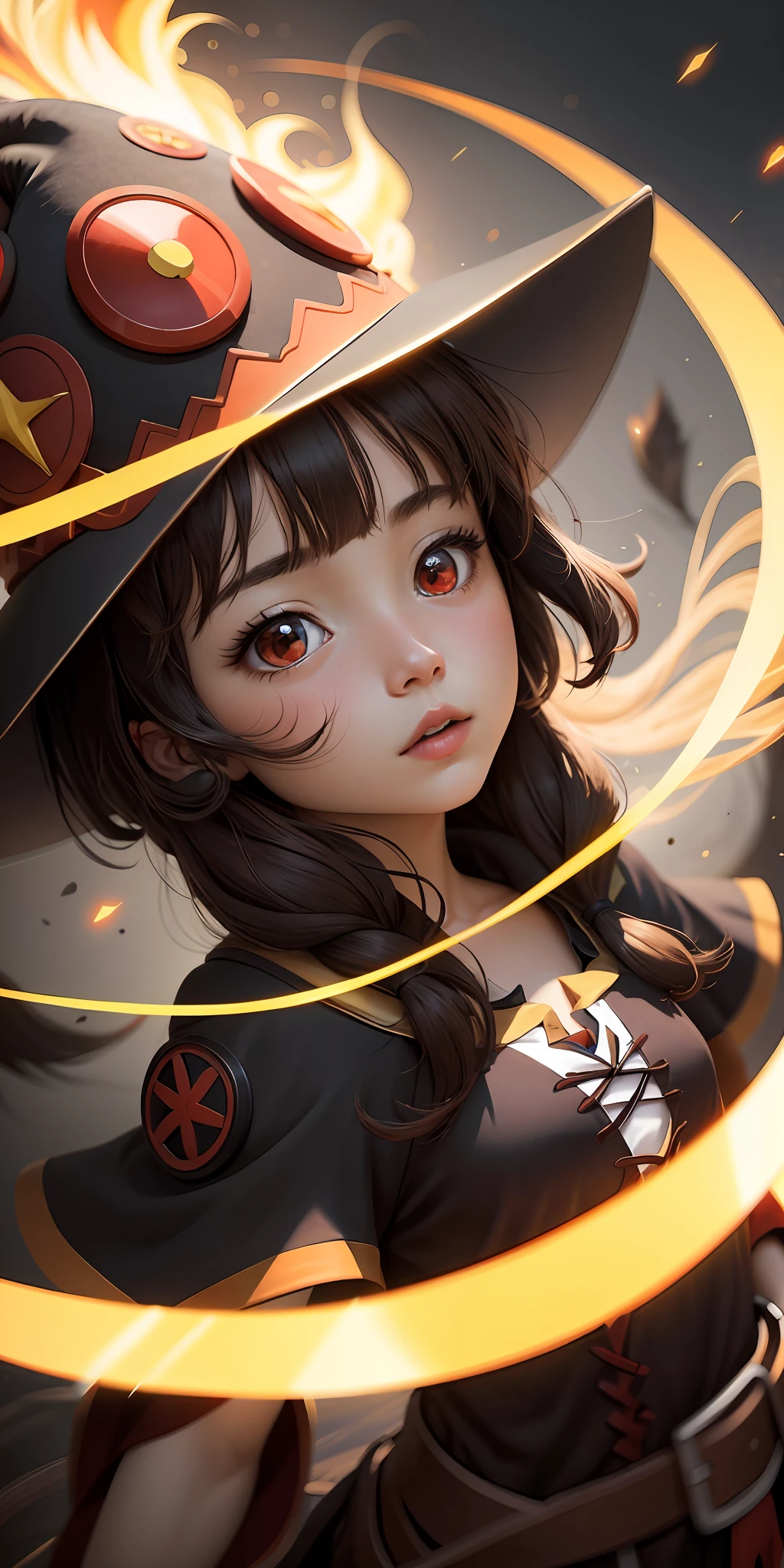 1girl, brown hair, multicolored hair, red eyes, witch hat on head, side lighting, light particles, wallpaper,