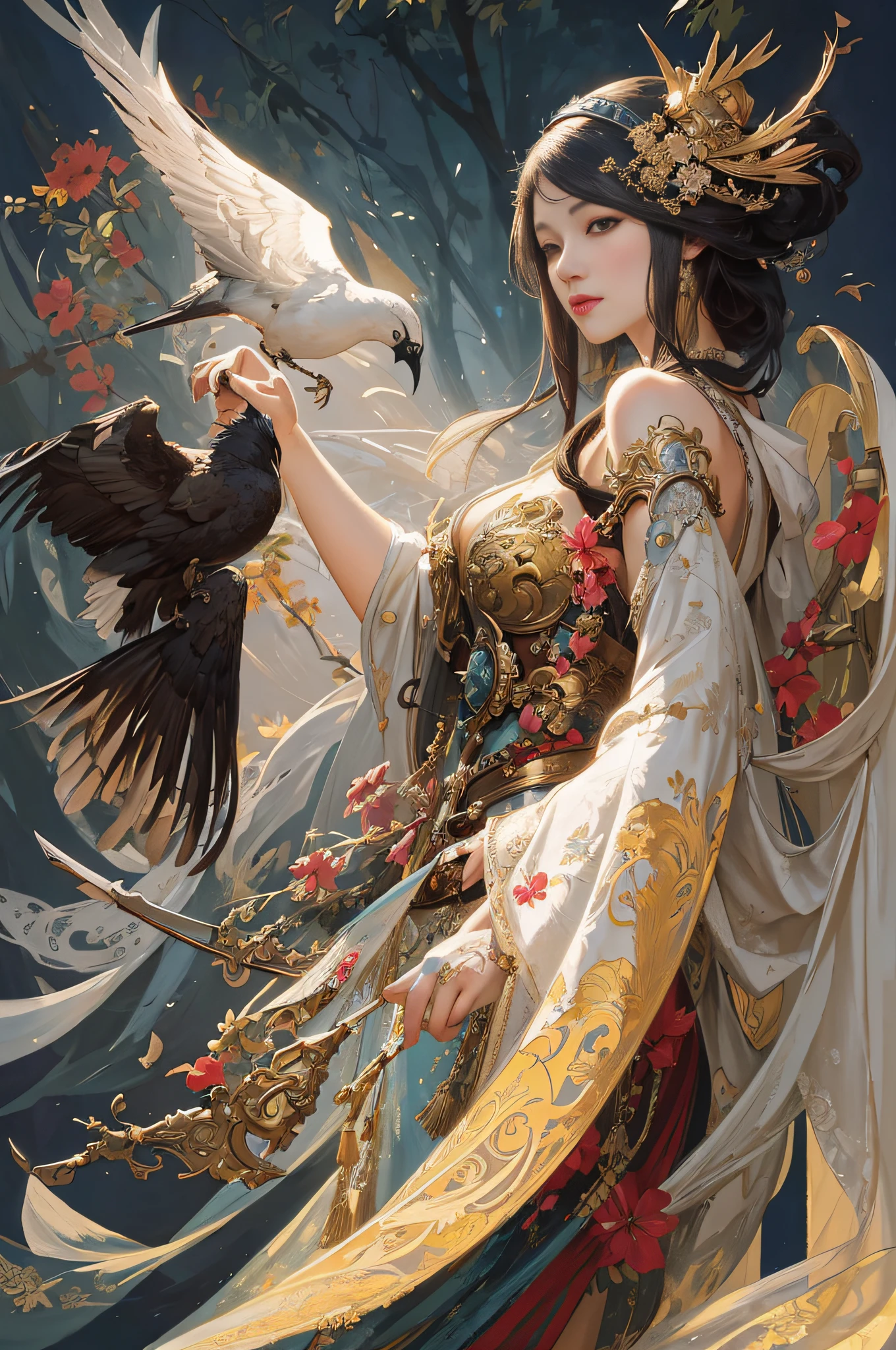 a painting of a woman with a bird on her head, artwork in the style of guweiz, guweiz, the style of wlop, wlop art, inspired by WLOP, intricate wlop, alphonse mucha and rossdraws, art of wlop, by Yang J, beautiful character painting, fantasy art style, guweiz masterpiece