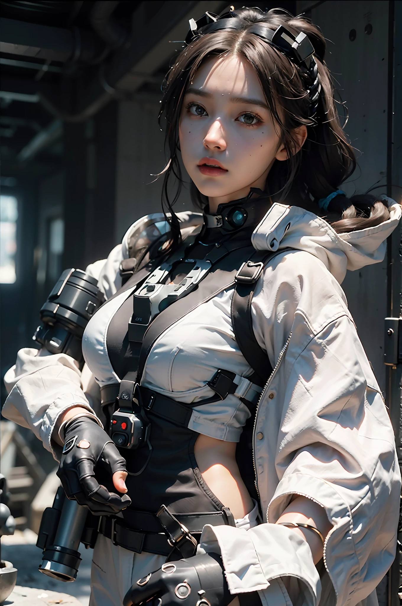 ((Best quality)), ((masterpiece)), (detailed:1.4), 3D, an image of a beautiful cyberpunk black female with braids on head,HDR (High Dynamic Range),Ray Tracing,NVIDIA RTX,Super-Resolution,Unreal 5,Subsurface scattering,PBR Texturing,Post-processing,Anisotropic Filtering,Depth-of-field,Maximum clarity and sharpness,Multi-layered textures,Albedo and Specular maps,Surface shading,Accurate simulation of light-material interaction,Perfect proportions,Octane Render,Two-tone lighting,Wide aperture,Low ISO,White balance,Rule of thirds,8K RAW, anime - style woman in a white and black outfit with a gun, cyborg merchant girl,
