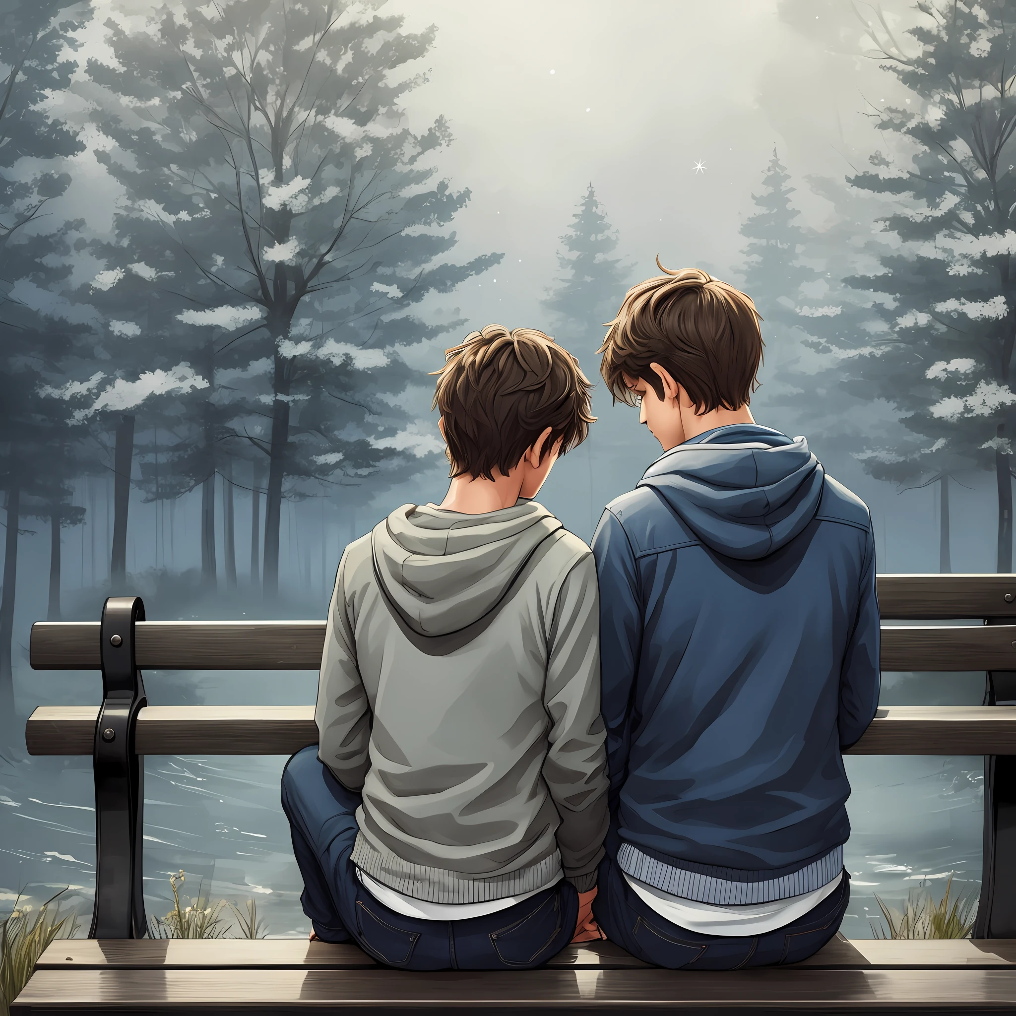 You cans see two guys from the back, sitting on a bench with their head leaning onto each other. There's a gloomy, nostlagic, sad feeling in the air. There's a house on the side. The air is very grey, scales of grey, blue and dark tones. Warm and cozy. Artistic. Cartoon. Cute style. Head leaning on shoulder. A lot of background with trees and stars. --auto --s2
