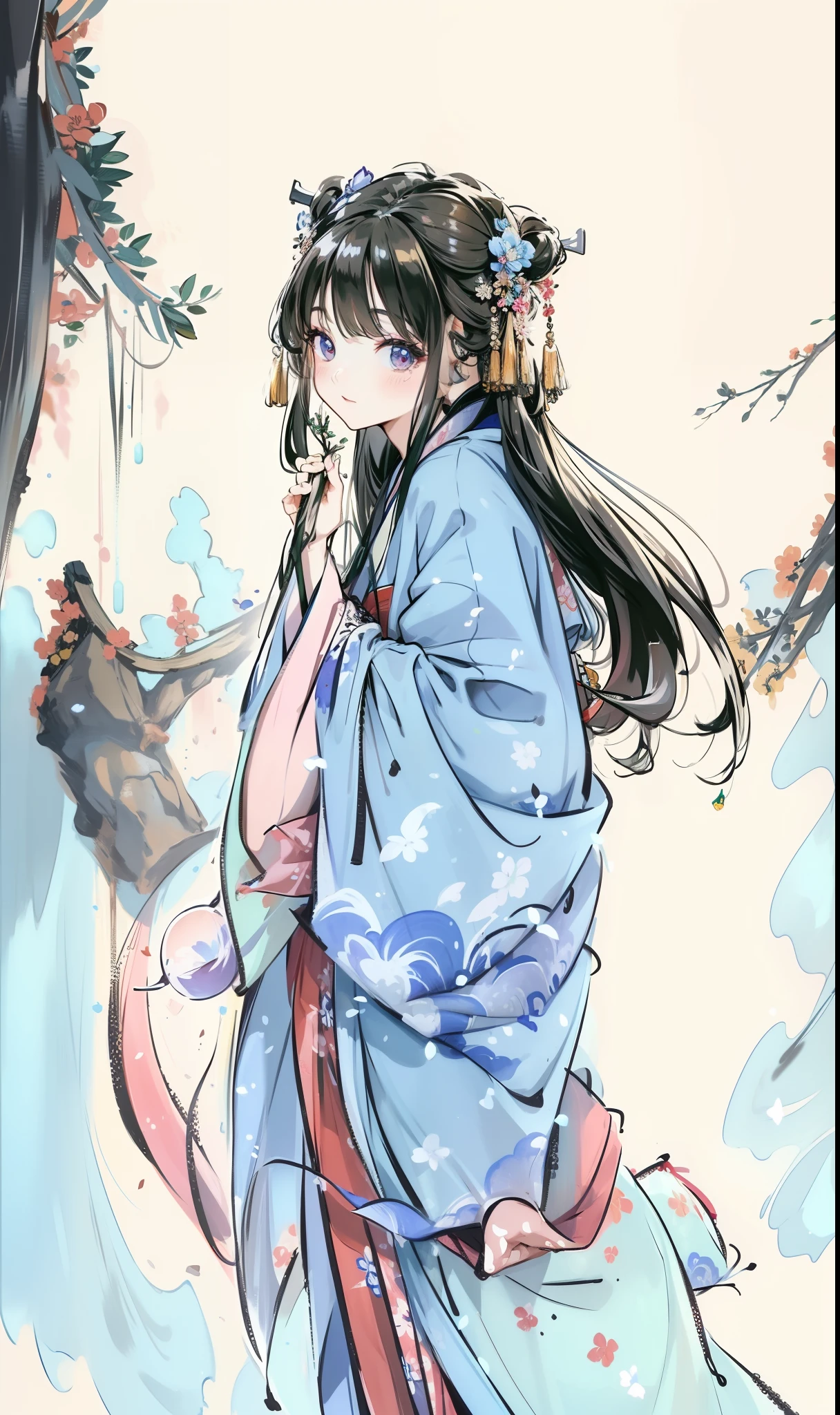 ((4K, Masterpiece, Best Quality)), A Beautiful Girl, Shuimobysim, Chinese Painting, Hanfu, Maxiskit,