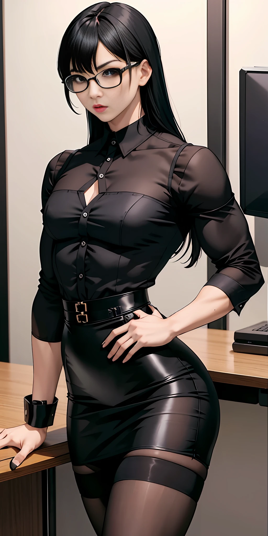 Boy, Asian, male body, adult, tattoo, lipstick, gothic, girl face, serious face, glasses, black hair (long with bangs),perfect body, fit body, thin waist, leaning on table (office), muscular, small female chest, black pencil skirt, dominatrix, button-down shirt, pantyhose, pretuberance, sissy, femboy, big ass