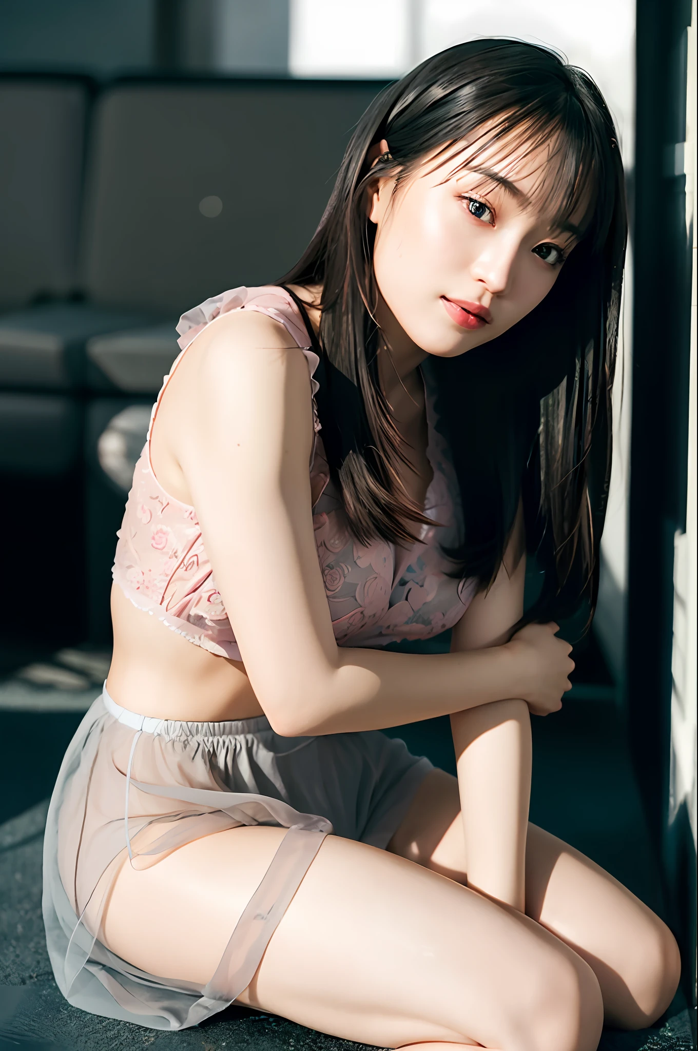 (Best Quality: 1.8), (High Quality: 1.8), (Ultra Detail), Ultra High Definition, (Masterpiece: 1.8), High Definition, High Definition, 8K Wallpapers, 8K, RAW Photos, (Real Sense: 1.4), Real and Realistic, High Definition RAW Color Photos, Professional Close-up Photos, Close-up Portrait Photos, Ultra High Definition, HDR, 8K Resolution, CG, Official Art, Perfect Lighting, Real, Details, Uniform, Super Elaborate CG Unity 8K Wallpaper, ulzzang-6500, (Korean Mixed), 1 Girl, Slender Girl, Very Delicate and Beautiful Girl, Fit Body, Symmetrical, (KPOP Idol), (Korean Idol), Solo, Solo Focus, Slim and Smooth Lines, Long Hair, Slightly Curly Hair, Perspective Bang, Black | Brown Hair, Detailed Face, (Facial Feature Details), [: (High Detail Face:1.2): 0.1], Blush, Blue Eyes, Beautiful Eyes, Lovely Eye Makeup, Puffy Eyes, Eye Contact, Star Eye, Wet Sweat, Smile, Bright Smile, Happy, Cute, Innobu-curly lips, lips, beautiful lips, white teeth, huge breasts, bulge, breast augmentation, thin waist, very fine skin, real skin, firm skin, side view (fair skin: 1.2), cowboy photo (half) body, (upper body: 1.1), dynamic light, glare, watch viewer, dreamy, NSFW, no text, ridiculous, incredibly silly, translucent clothes, ( Detailed clothing features), (tight, wet, short: sexy shorts: 1.3), (tulle panties), (panties with pink floral trim), (pink | lace | elegant | sheer | miniskirt)), plunges, lace | Sexy | Beautiful | Floral Pattern | tight bra, (floral lace bra)), (white bra)), soaked clothes, white ribbon, thin straps, landscape, outdoor, (Disney Castle)), bouquet, blue sky, (((majestic building)), very elaborate design background ((kneeling)), connecting hands and legs, ((elegance | crystal | diamond flip)), direct, Huge wreckage (((Hands off camera))