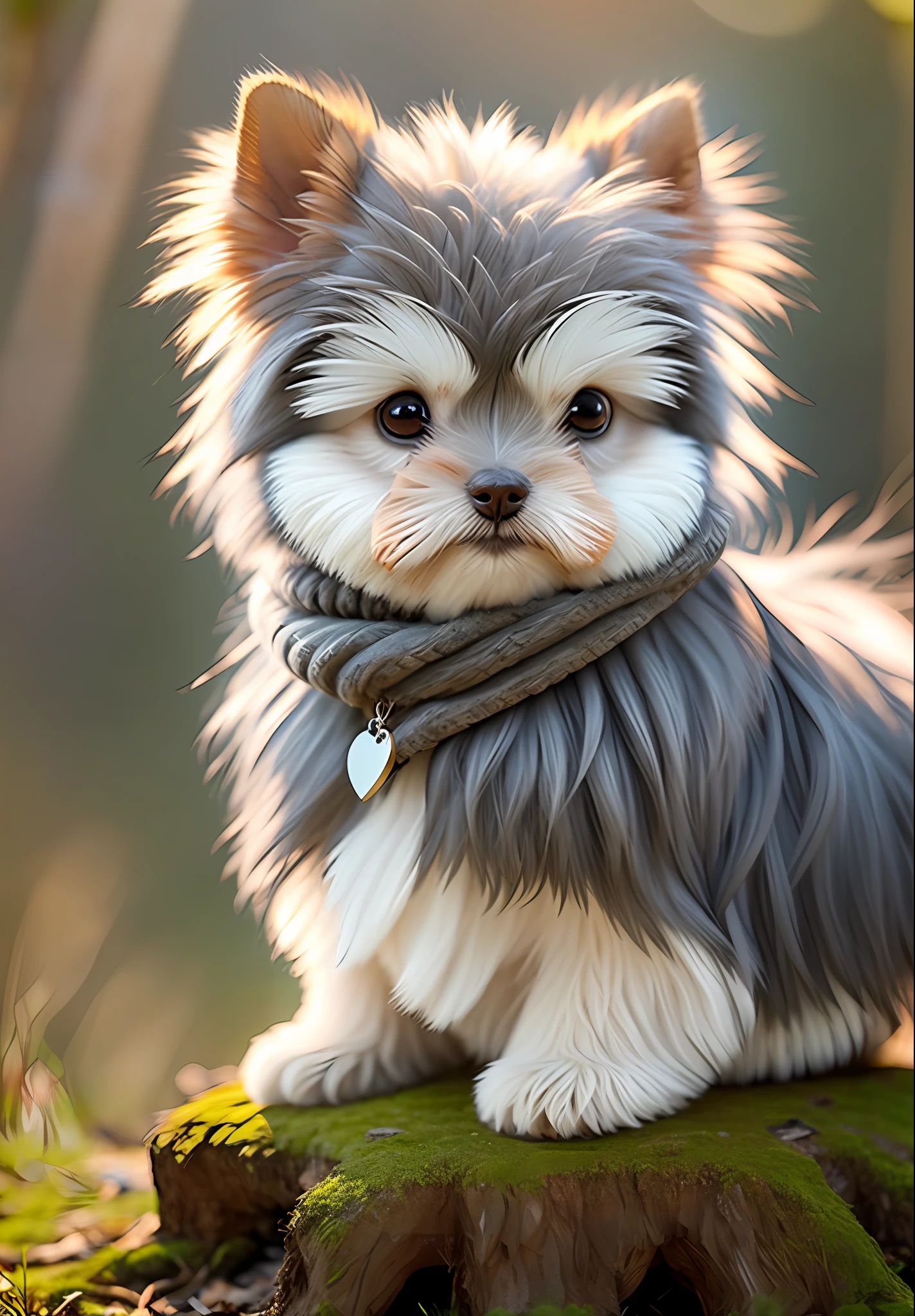 A fuzzy Yorkshire terrier sitting near the roots of a tree on a hillside