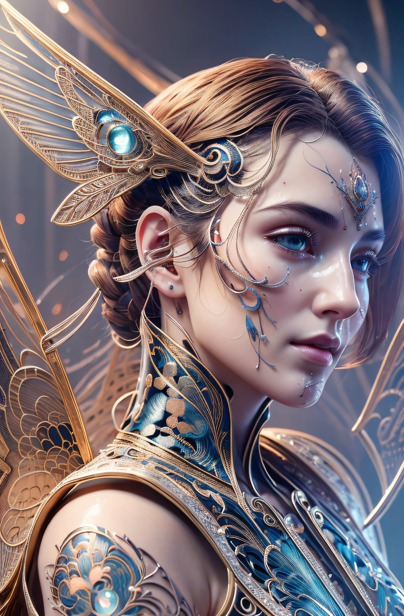 ultra detailed complex 3d rendering of a gorgeous porcelain profile android face, cyborg, robotic parts, 150 mm, vibrant details, luxurious cyberpunk, lace, hyper-realistic, anatomical, angelic wings, facial muscles, electrical cables, microchip, elegant, beautiful background, octane rendering, HR Giger style, 8k, best quality, masterpiece, illustration, extremely delicate and beautiful, extremely detailed, CG, unit, wallpaper, (realistic, photorealistic: 1.37), amazing, finely detailed, masterpiece, best quality, official art, 8k wallpaper of extremely detailed CG unit, absurd, incredibly absurd, whole body,