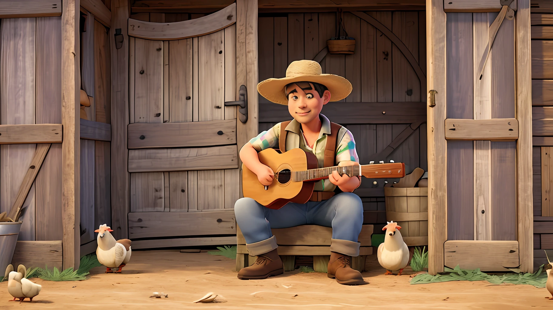 a country man, 40 years old, in shabby clothes, straw hat, leaning against a barnyard gate, playing a country guitar. cows and chickens in the background. super hyper detailed, 8k uhd, 3D render, modern Disney Pixar style.