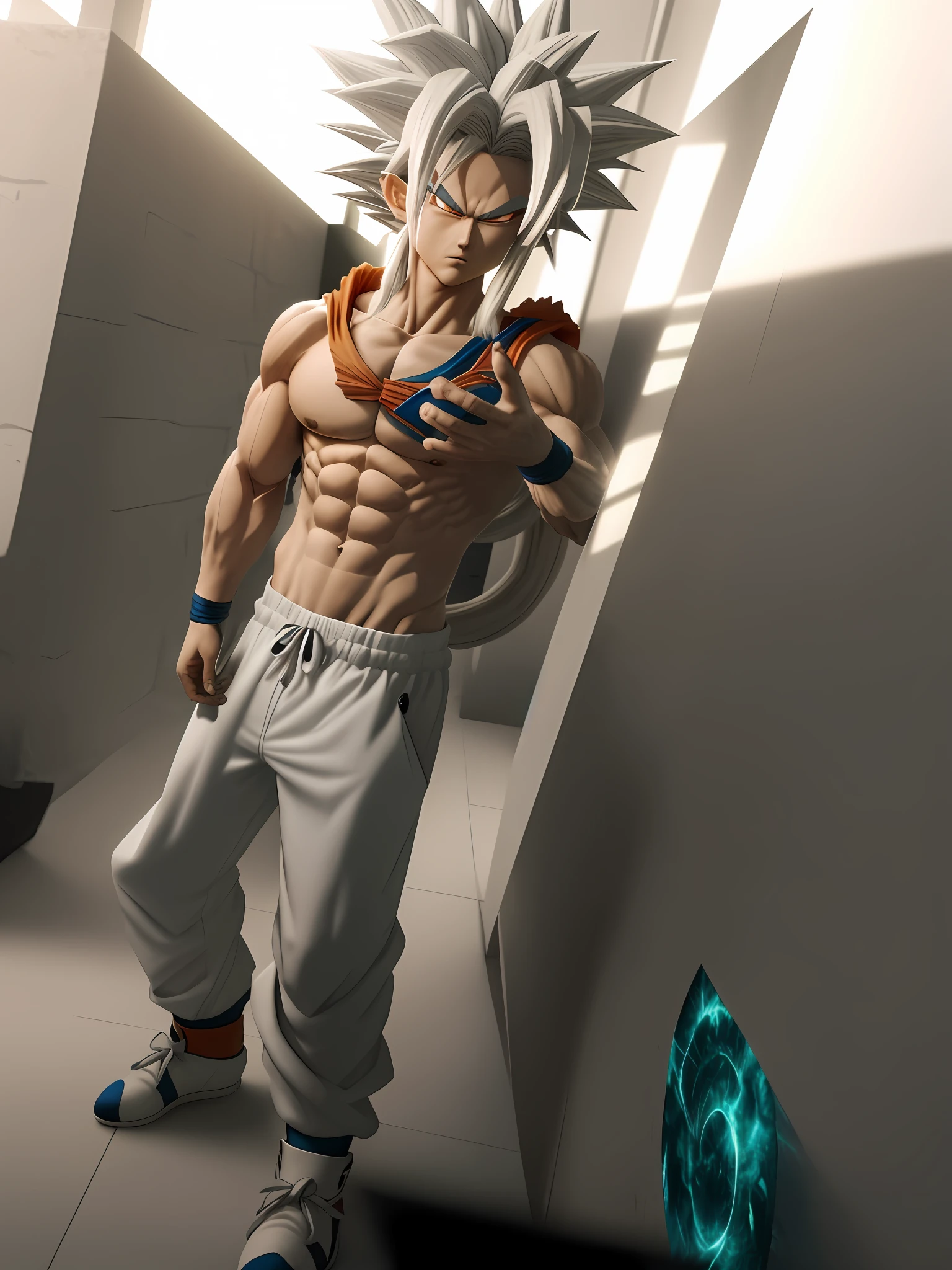 Goku, super saiyan, exquisite hair, arm depiction, white hair , blue body hair on rib cage, exquisite shoes, eye depiction, exquisite long hair, popmart blind box, clay texture, stepping on the land, black and white background, natural lighting, most good quality, super detail, 3D art, c4d, OC renderer, 3D rendering, 8k