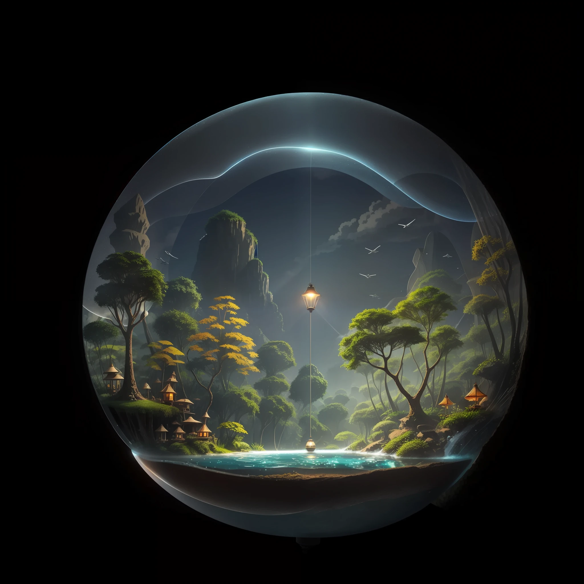 a world of a lamp, minimalist, teeming with life, tiny human beings, cars, airplanes, forests, rivers, inside a lamp, detailed, sky, water, ecosystem