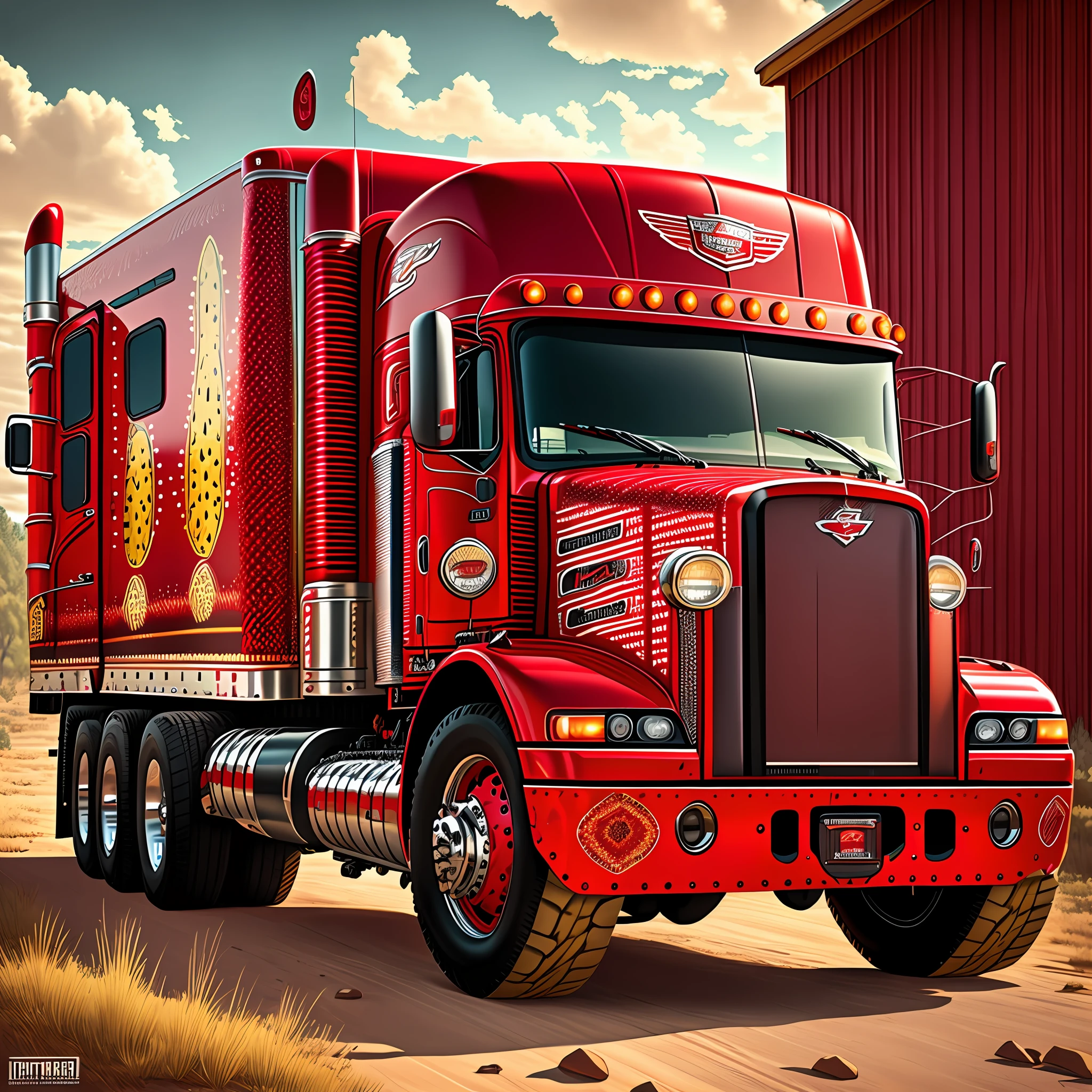 Peterbilt truck, red, all patterned, with black and yellow details, chrome wheels and bumper, carrying wooden logs. --auto --s2