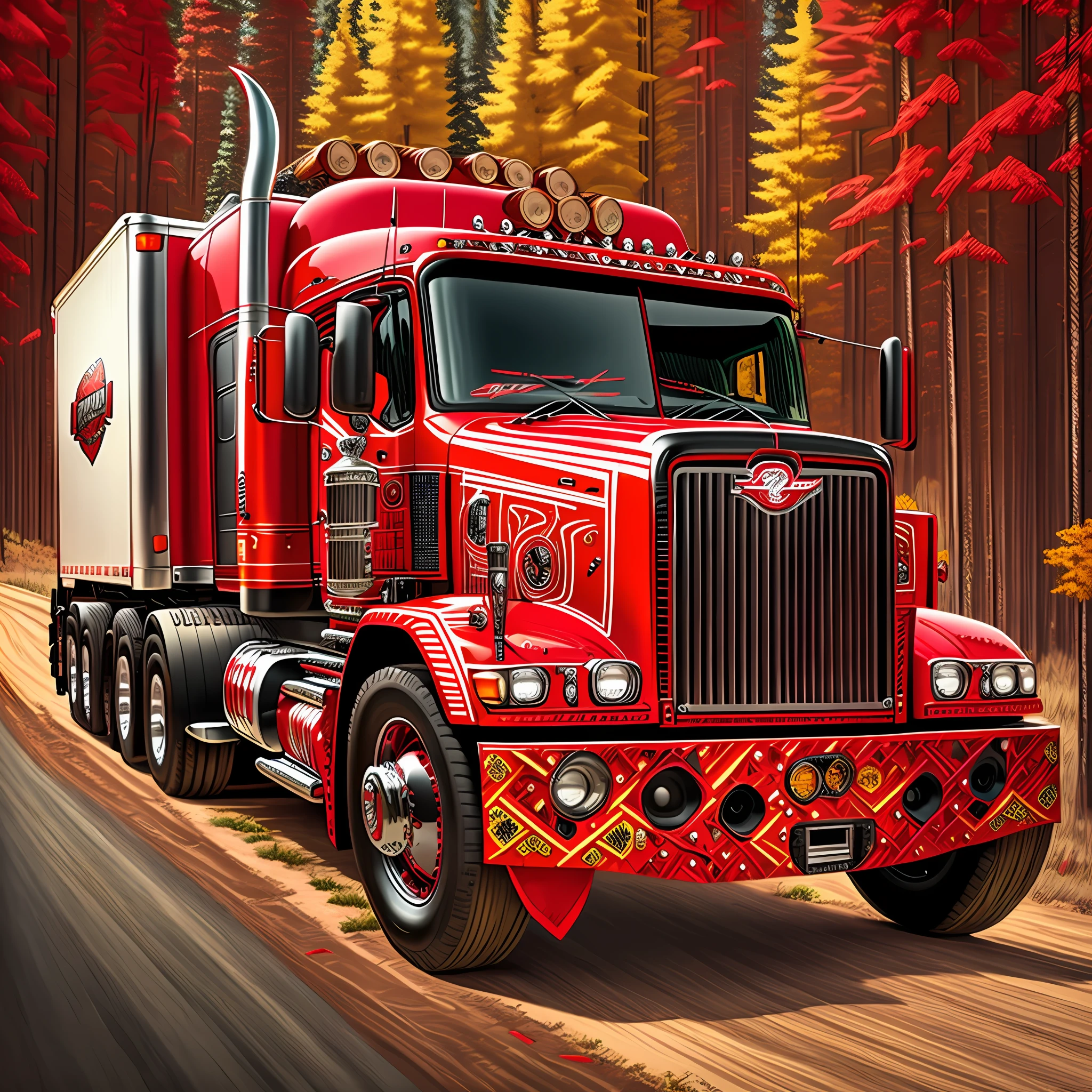 Peterbilt truck, red, all patterned, with black and yellow details, chrome wheels and bumper, carrying wooden logs. --auto --s2