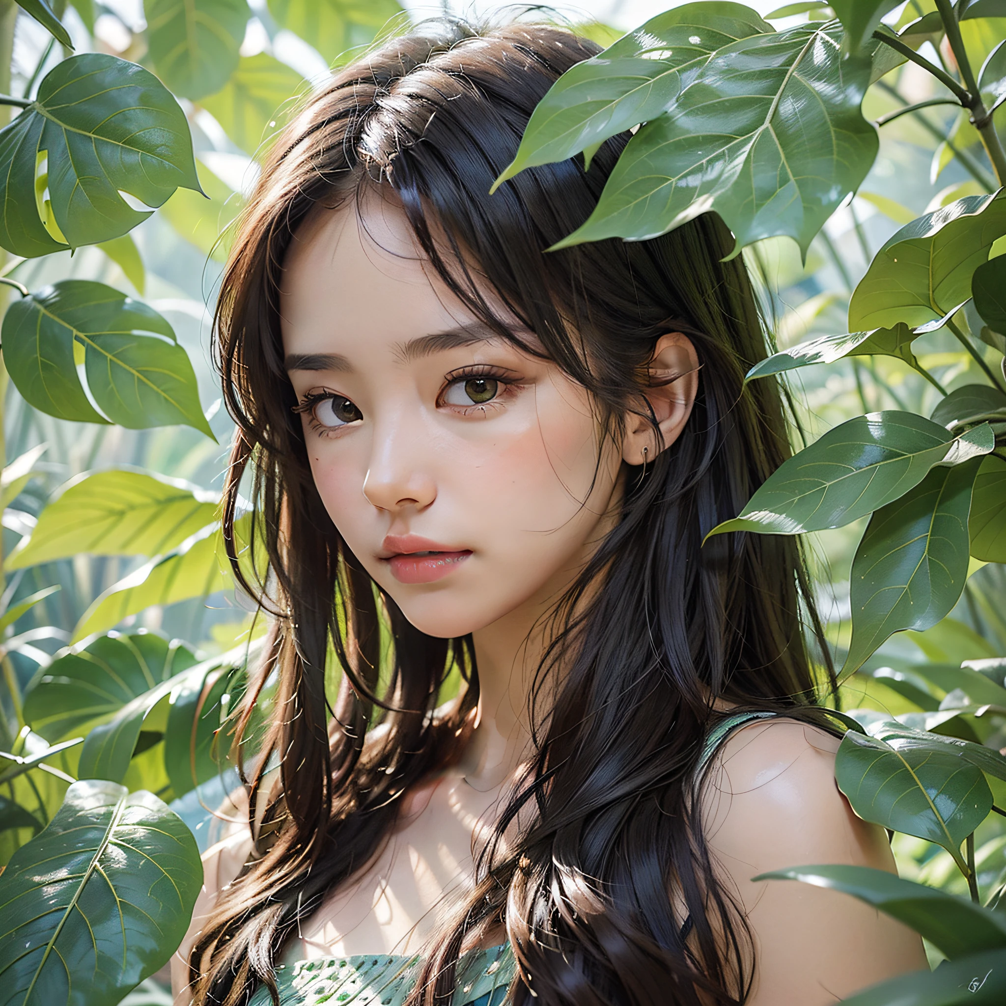Step into a world of beauty and nature as you encounter a stock photo featuring a beautiful young woman with hydrated skin and fresh green exotic tropical leaves. The woman's portrait radiates with a sense of freshness and vitality, as her skin glows with hydration. Soft, diffused lighting gently illuminates her features, accentuating her natural beauty. The presence of fresh green exotic tropical leaves adds an element of lushness and serenity to the scene, creating a captivating visual composition. This photo will be captured using natural lighting and a medium telephoto lens, allowing for precise focus on the woman's hydrated skin, while ensuring the tropical leaves provide a vibrant and dynamic backdrop