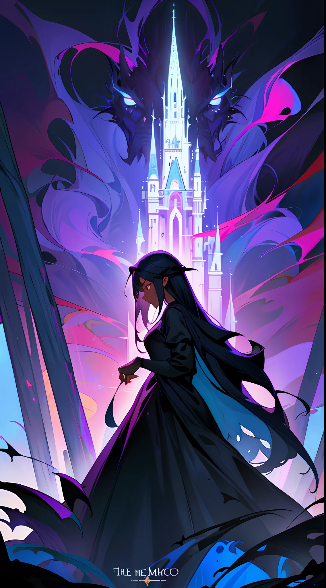 Movie poster production, fantasy, eerie atmosphere, evening, big scene, fantasy style, forest, horror, dark lights, 1girl (long black straight hair, dark skinned, afro, using princess dress) looking the big castle in the distance, distant view, there is a slightly bright castle in the distance, big scene, there is a magic tree in the distance figure, most detailed, masterpiece, official art, really pretty, dark colors, purple monocromático of --v 6
