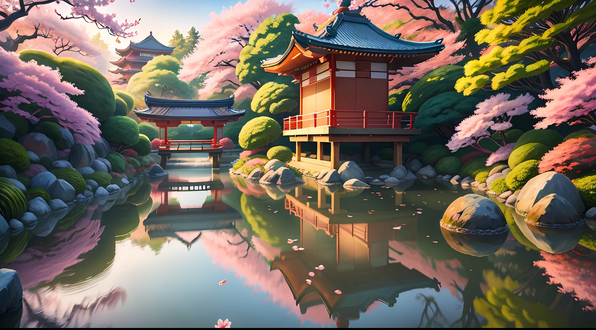 (digital painting),(best quality), serene Japanese garden, cherry blossoms in full bloom, koi pond, footbridge, pagoda, Ukiyo-e art style, Hokusai inspiration, Deviant Art popular, 8k ultra-realistic, pastel color scheme, soft lighting, golden hour, tranquil atmosphere, landscape orientation