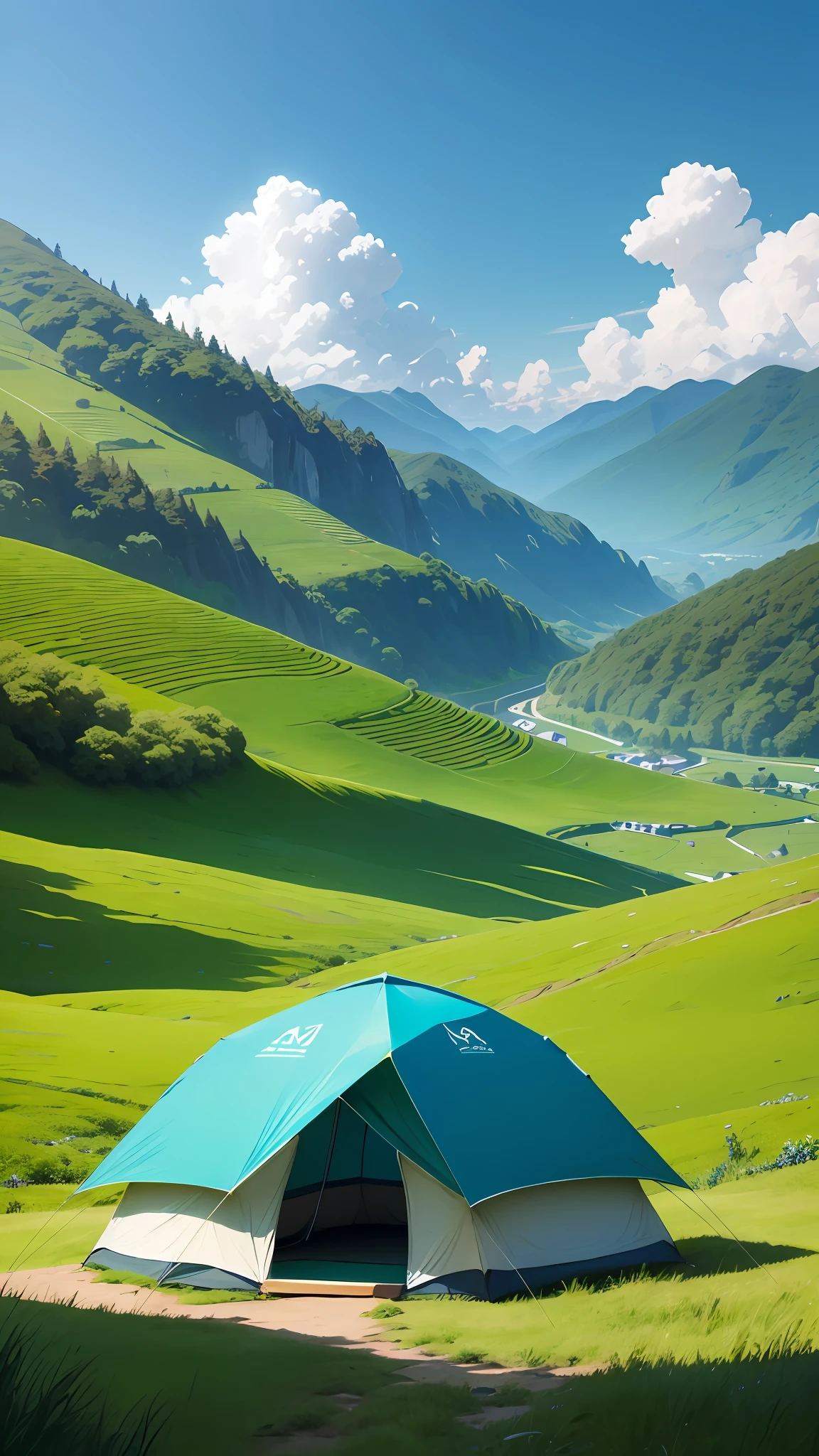 Superlative, super detailed, illustratory, landscape, blue sky. Meadows, green mountains, bamboo forests, there is a tent, the proportion of the sky is more, the white clouds are less, and the feeling of standing on the top of the mountain --auto --s2