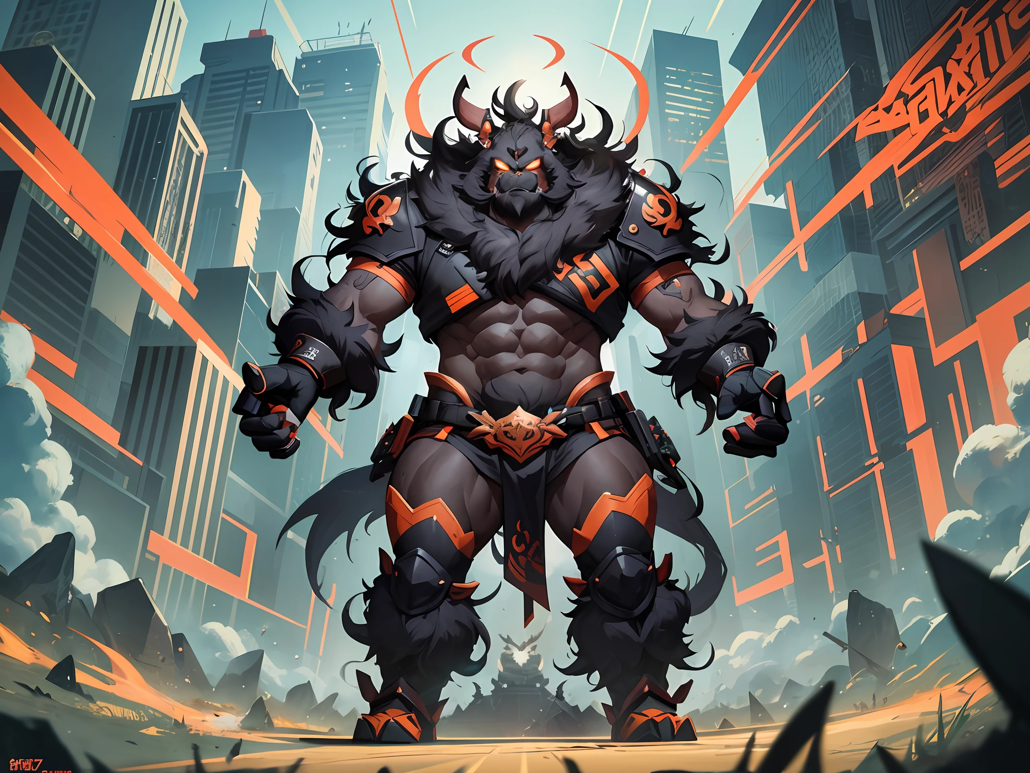 Triple View, full body shot, game character design, BYXIAOFEIYUE, gluttonous Zhu Bajie, dark series, ferocious burst, sunglasses, orange background, multi-angle display, head-up perspective-ar expressiveness
