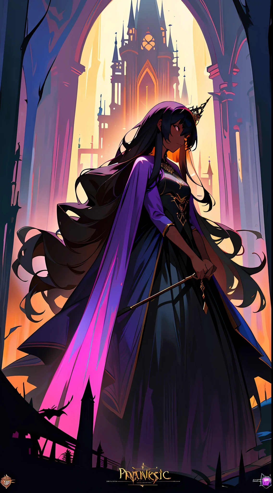 Movie poster production, fantasy, eerie atmosphere, evening, big scene, fantasy style, forest, horror, dark lights, 1girl (long black straight hair, dark skinned, afro, using princess dress) looking the big castle in the distance, distant view, there is a slightly bright castle in the distance, big scene, there is a magic tree in the distance figure, most detailed, masterpiece, official art, really pretty, dark colors, purple monocromático of --v 6