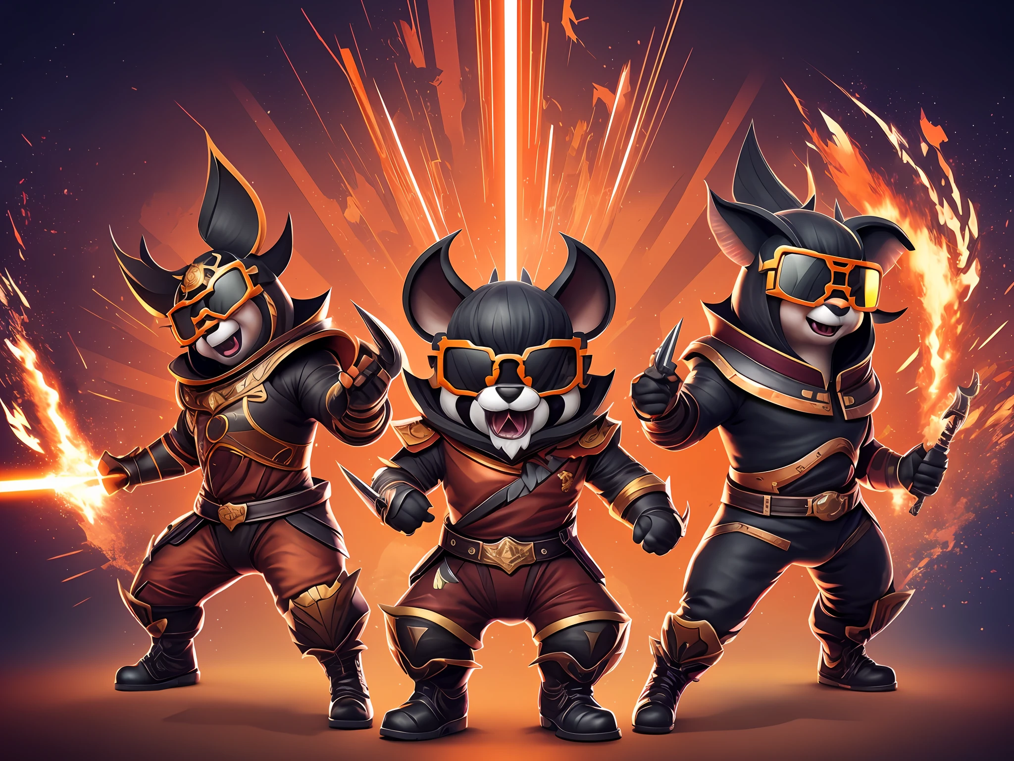 Triple View, full body shot, game character design, BYXIAOFEIYUE, gluttonous Zhu Bajie, dark series, ferocious burst, sunglasses, orange background, multi-angle display, head-up perspective-ar expressiveness