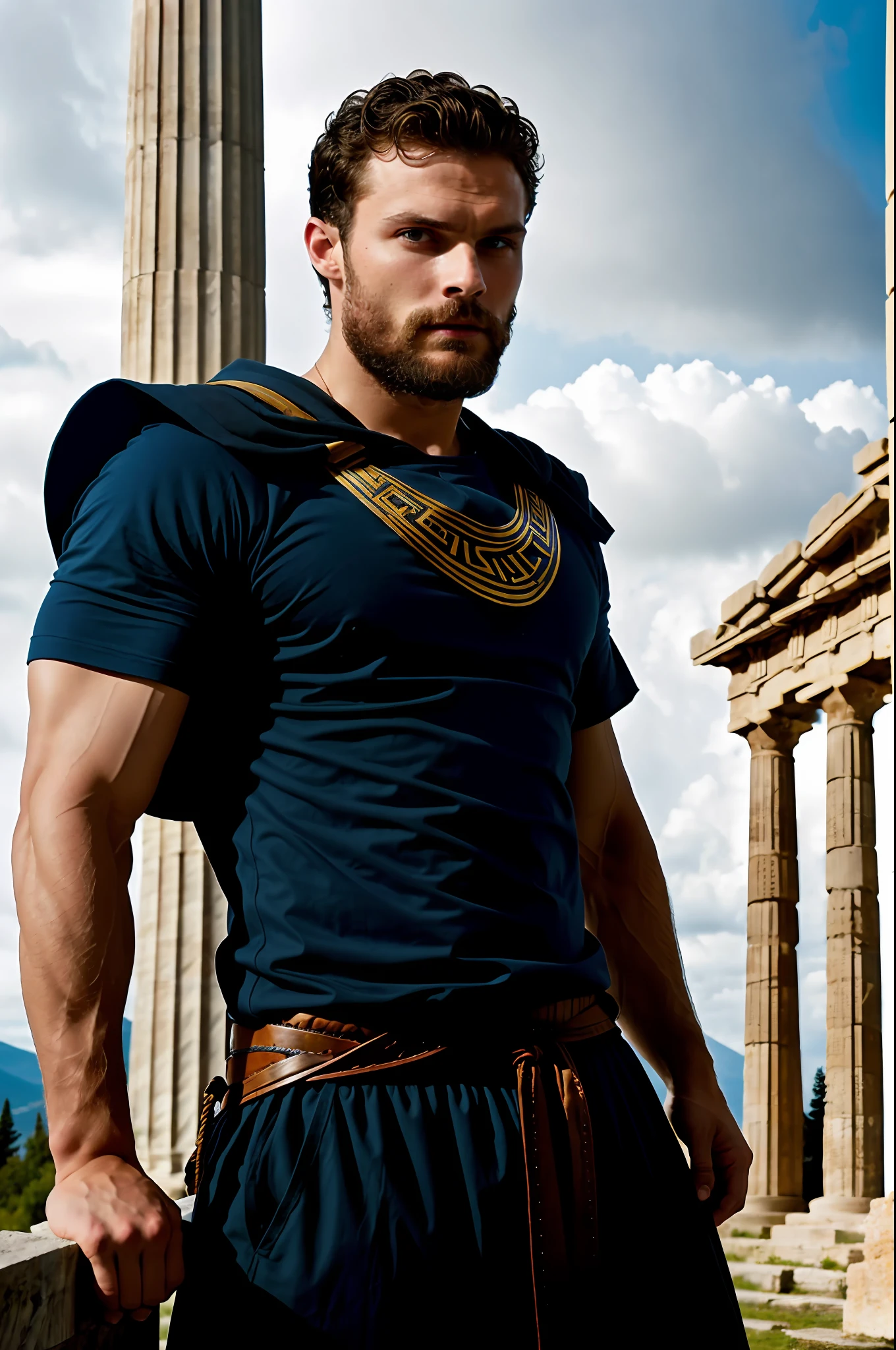 create God Zeus), with blue thunder eyes, wearing a God's tunic, strong and muscular, Jamie Dornan, (Moreno with model face), wearing dark beard, dark short hair, man similar to actor jamie dornan, (high quality and realistic image), Greek temple background, cinematic style, ((Best quality, 8k, Masterpiece).