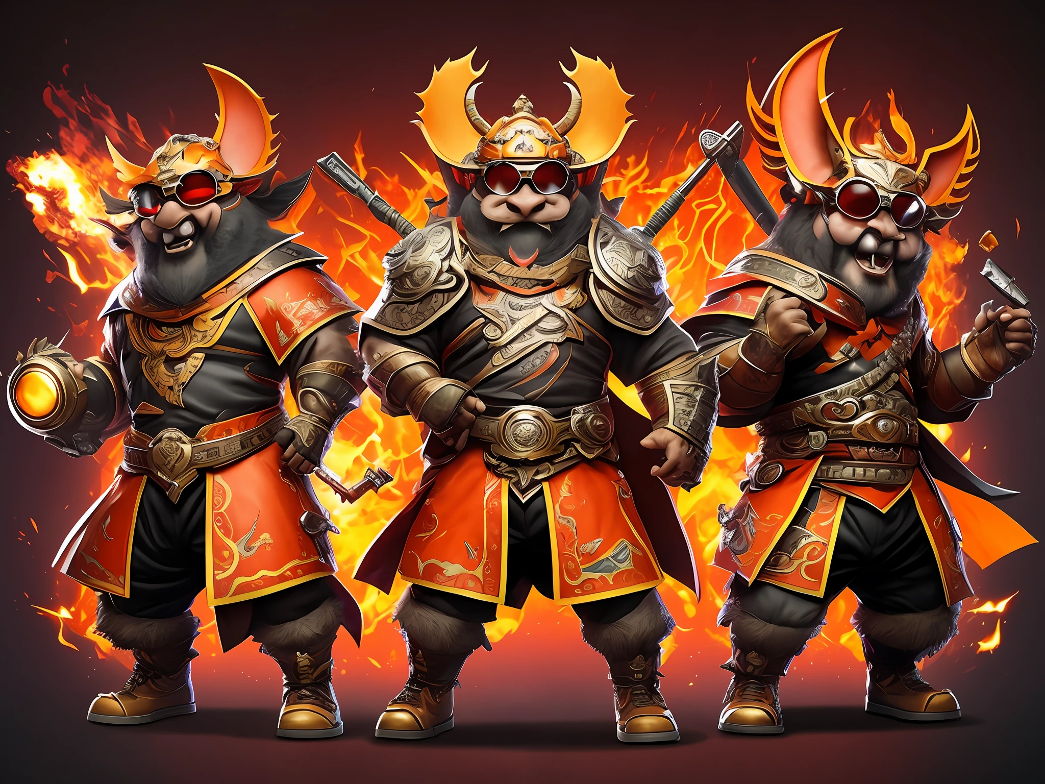 Triple View, full body shot, game character design, BYXIAOFEIYUE, gluttonous Zhu Bajie, dark series, ferocious burst, sunglasses, orange background, multi-angle display, head-up perspective-ar expressiveness