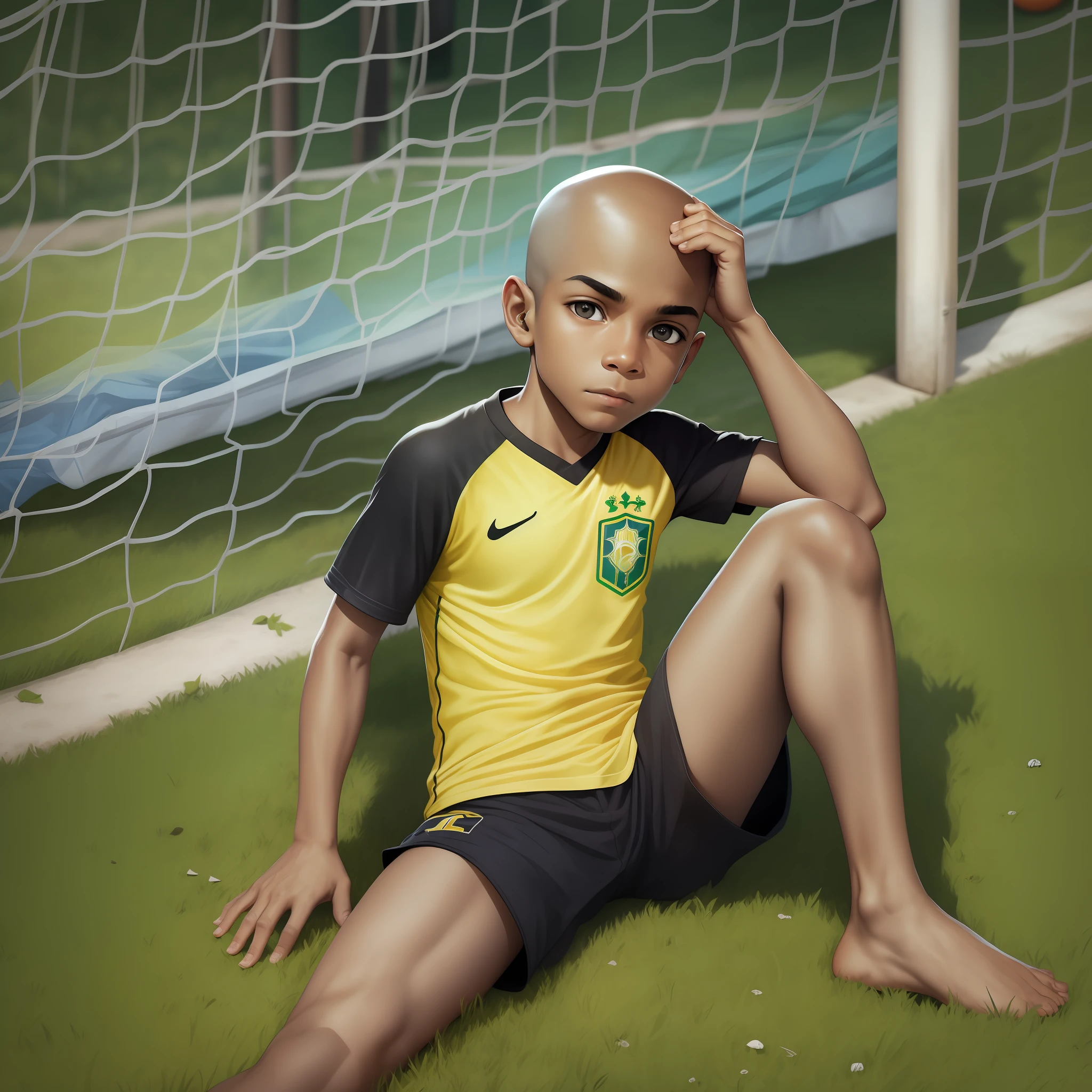 Boy , black, bald, black eyes with brightness, CBF shirt, official shirt of the Brazilian football team, torn shirt, blue shorts, barefoot, field without grass, soccer ball, goal with pierced net, background rio de janeiro, detail-oriented, minimalist, 4K, realistic, Brazil