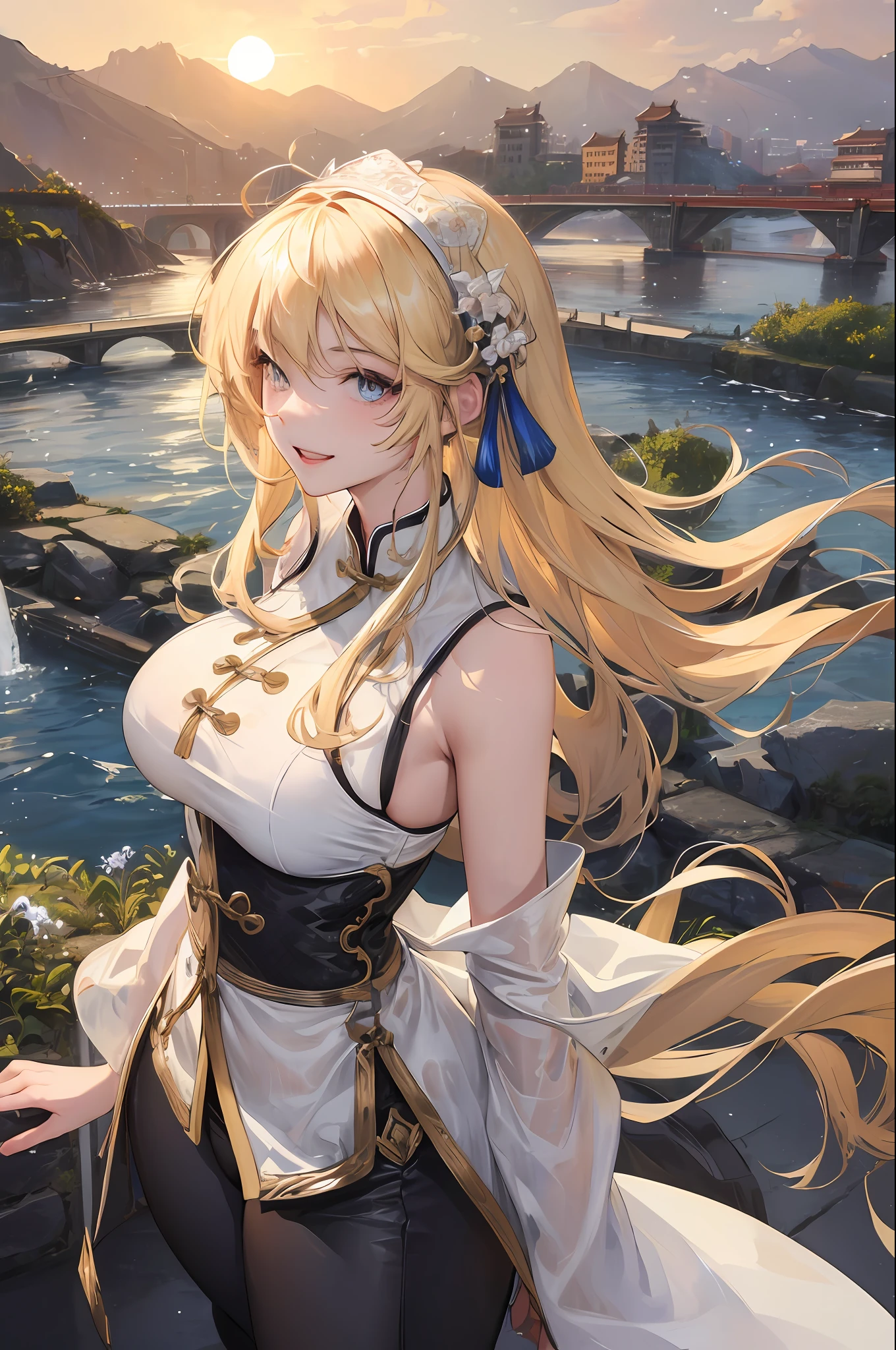 Official Art, Masterpiece, Sharp Focus, (Beautiful Gorgeous Cute Chinese Woman: 1.3), (Beautiful and Cute Chinese: 1.3), Chinese Beauty, Delicately Beautiful Hair and Eyes and Face, Realistic, Ultra-detailed, Beautiful Girl, Fine Light Rain, Wet Clothes, Glow White Particles, (Side Lighting: 1.2), Sunlight, White Clouds, Delicate Clouds, Slender, Cute Big Breasts Big Buttocks, Toothy Smile ((Laugh with Eyes Open)), Landscape, Long Straight Hair, Sexy Facial Expressions , Mountains and rivers in background, damp clothes clinging to body curves, (Cityscape:1.7), Dynamic hair, Long straight hair, Delicate gilt blonde hair, Glowing heterochromic pupils, (upper body tight vest, thong pants), Black stockings, Pale skin, Hair accessories, Epic landscape,