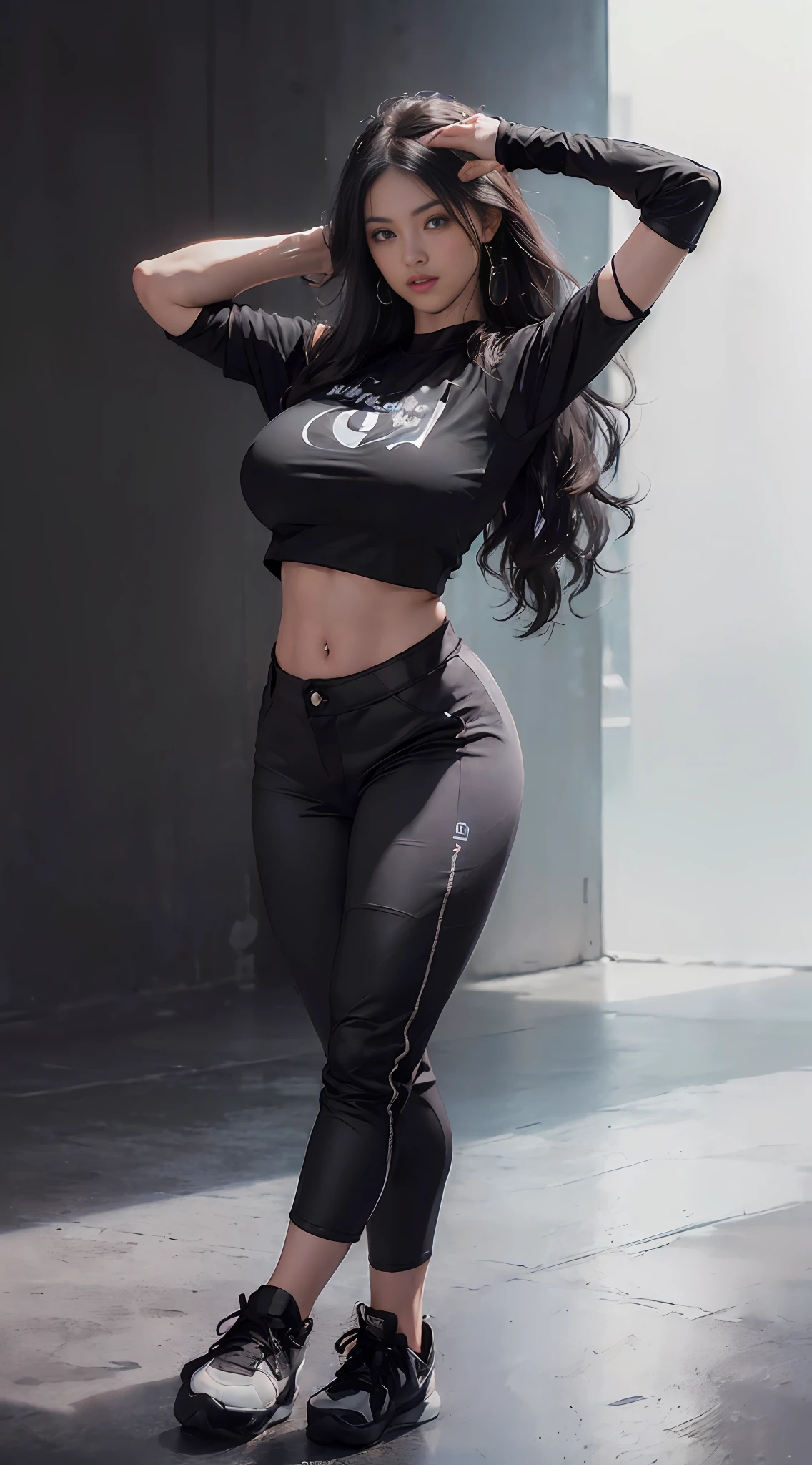 (Best Quality, 8k, 32k, Masterpiece, UHD:1.3), (Photo of Attractive IRELIA from League of Legends), 1 Girl, ((Big Boobs:1.4)), (long wavy hair), Abs, Perfect Body, Ultra Detailed Face, Detailed Lips, Fine Eyes, double eyelids,, ((, beautiful asian girl, gorgeous chinese model, jaw-dropping beauty,((black training pants )),((black grafik t-shirt crop top )),((black Arm Sleeves),((black basketball  shoes)) ,simple all white background.