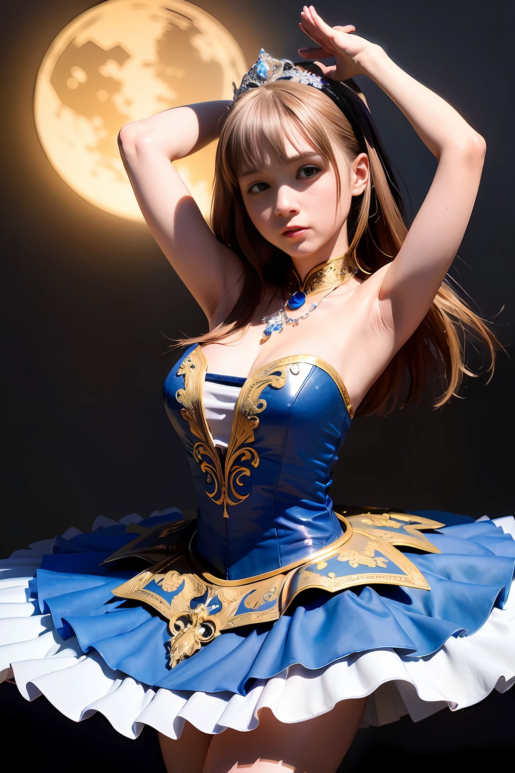 (best quality, 8k, 32k, masterpiece, uhd:1.2), (RAW photo), (realistic:1.15), (photorealistic:1.15), (absurdres, high resolution), (ultra detailed), (huge filesize:1.2), 1girl, (loli:0.3), cute, extremely detailed beautiful face & eyes, cleavage, small face, thin waist, thin thighs, slender body, (cowboy shot:1.15), (sweaty:1.22), bare legs, classical tutu, sapphire tutu, (princess tiara:0.8), Primaballerina_tutu, russian, classical tutu, rooftop, sunset, (arms up:1.19),