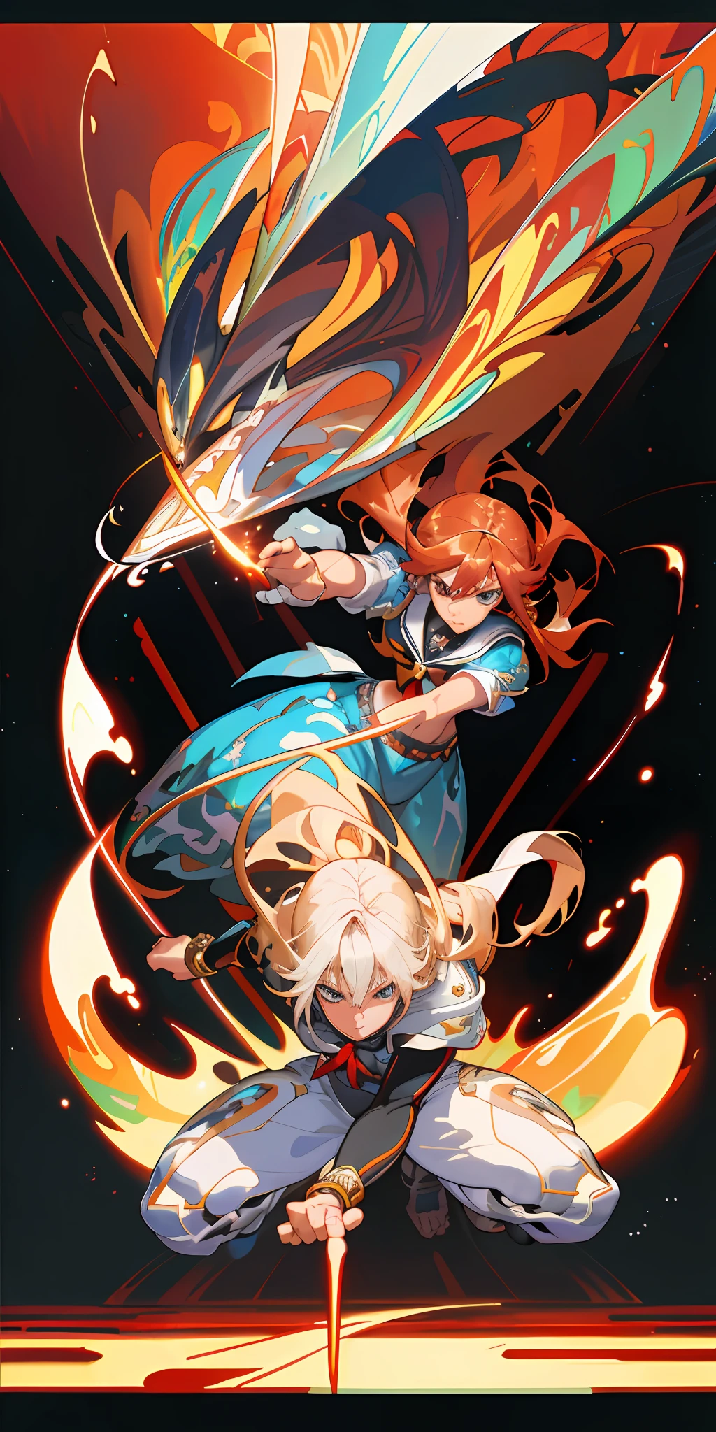 ::Kennedy and Daniel Sampere::2.0 Anime man illustration style, tatoon style, comic book style, , ultra detailed and in various full-body attack poses, (beautiful and clear background: 1.2),, fantastic paintings, graffiti style, flowers, highly detailed eyes, with a blouse underneath, with both fists in fighting position, and bracelets, fighting an enemy, with black hair, stained glass, outside, vibrant, alphonse mucha style, fantastic paintings by Joe Madureira, high quality, art, Ashley Graham Beautiful man with long red hair, freedom, soul, digital illustration, comic style, perfect anatomy, centered, approaching perfection, dynamic, highly detailed, watercolor painting, artstation, concept art, smooth, s (masterpiece, extremely_detailed_CG, 8k_wallpaper:1.2), serafuku black, dark skinned, white hair, sailor's collar, midriff, abs, _A_and_B, has blonde twintails and blue eyes, {masterpiece}, {extremely detailed}, Bgirl has short black hair and red eyes