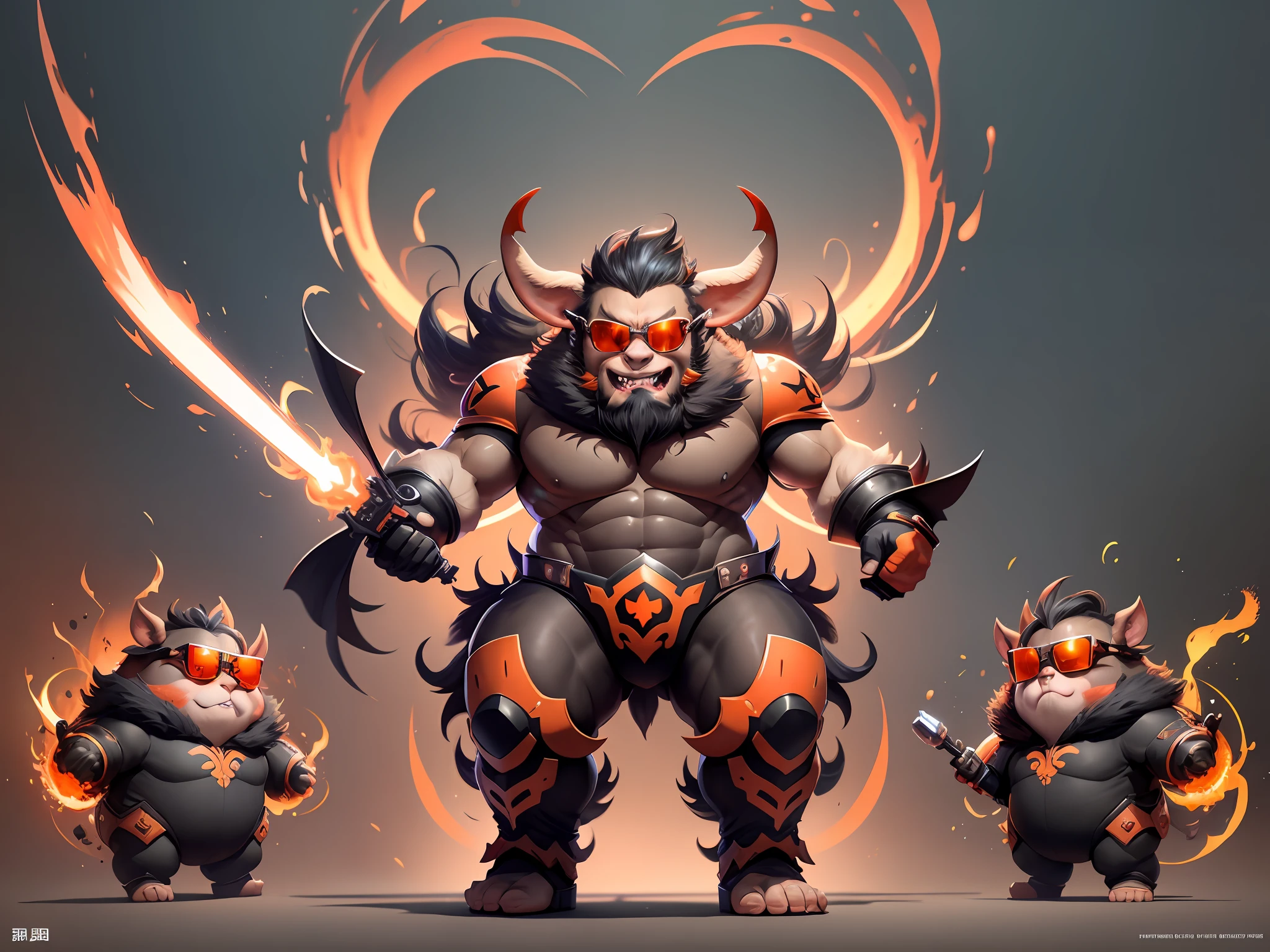 Triple View, full body shot, game character design, BYXIAOFEIYUE, gluttonous Zhu Bajie, dark series, ferocious burst, sunglasses, orange background, multi-angle display, head-up perspective-ar expressiveness