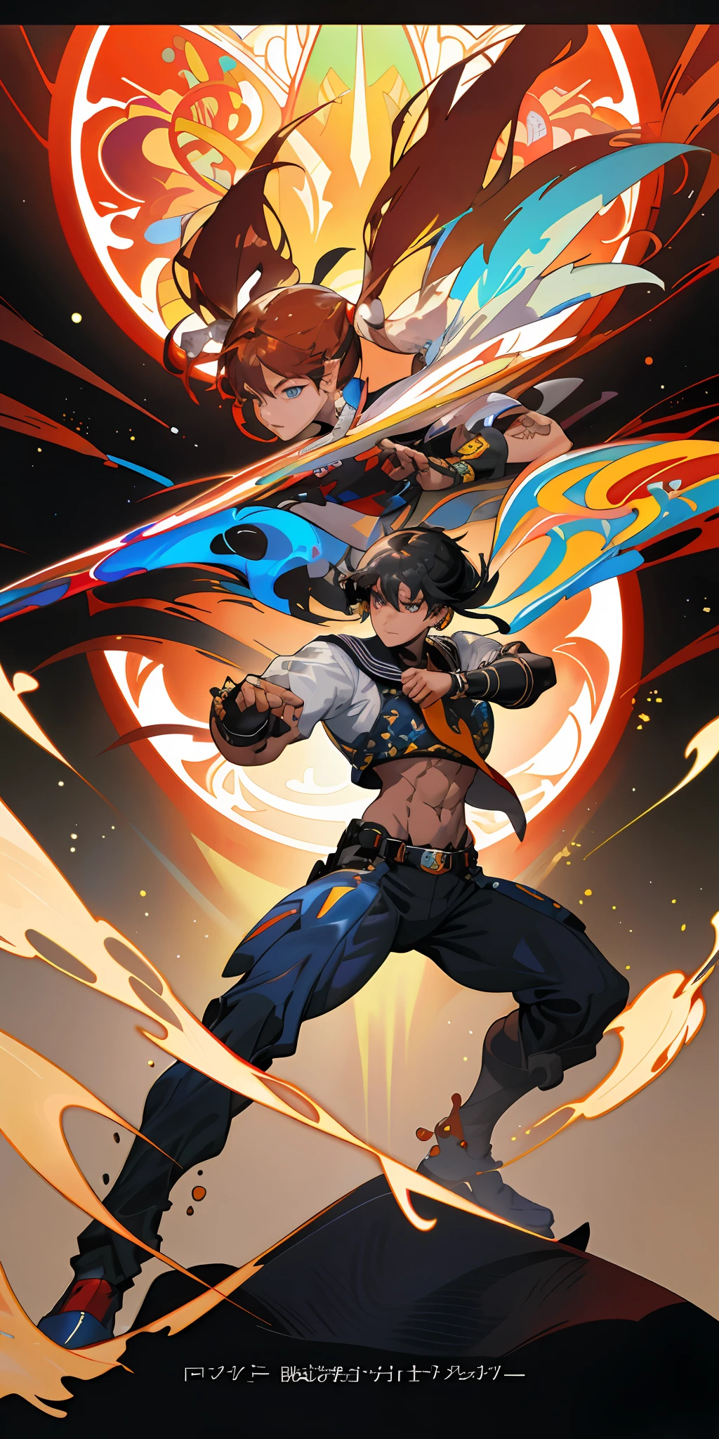 ::Kennedy and Daniel Sampere::2.0 Anime man illustration style, tatoon style, comic book style, , ultra detailed and in various full-body attack poses, (beautiful and clear background: 1.2),, fantastic paintings, graffiti style, flowers, highly detailed eyes, with a blouse underneath, with both fists in fighting position, and bracelets, fighting an enemy,  with black hair, stained glass, outside, vibrant, alphonse mucha style, fantastic paintings by Joe Madureira, high quality, art, Ashley Graham Beautiful man with long red hair, freedom, soul, digital illustration, comic style, perfect anatomy, centered, approaching perfection, dynamic, highly detailed, watercolor painting, artstation, concept art, smooth, s (masterpiece, extremely_detailed_CG, 8k_wallpaper:1.2),  serafuku black, dark skinned, white hair, sailor's collar, midriff, abs, _A_and_B, has blonde twintails and blue eyes, {masterpiece}, {extremely detailed}, Bgirl has short black hair and red eyes