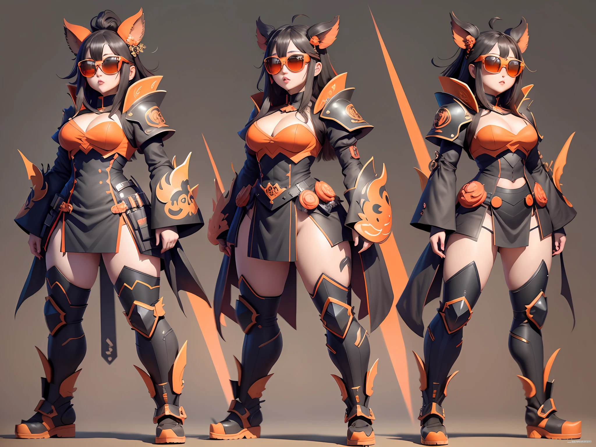 Triple View, full body shot, game character design, BYXIAOFEIYUE, gluttonous Zhu Bajie, dark series, ferocious burst, sunglasses, orange background, multi-angle display, head-up perspective-ar expressiveness