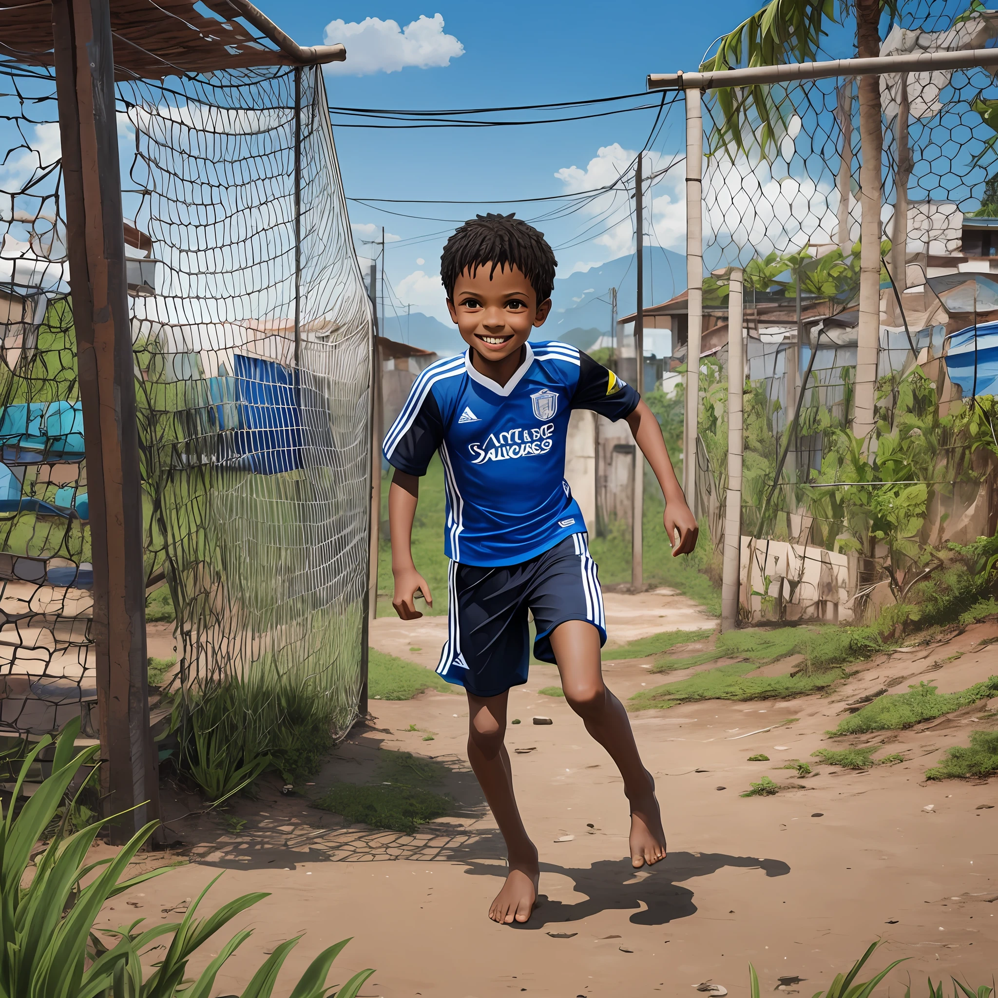 The image shows a 10-year-old boy, slender but cheerful and determined. He is black, bald, with bright black eyes. He's wearing a football team jersey with the number 10 and blue shorts. The boy is barefoot and runs across the grassless field with a soccer ball on his feet. In the background, it is possible to see a favela, which contrasts with the beautiful background of Rio de Janeiro. The goal with net can also be seen in the image, and the boy looks extremely detailed and realistic. The image is in 4k, minimalist and incredibly beautiful. --auto --s2